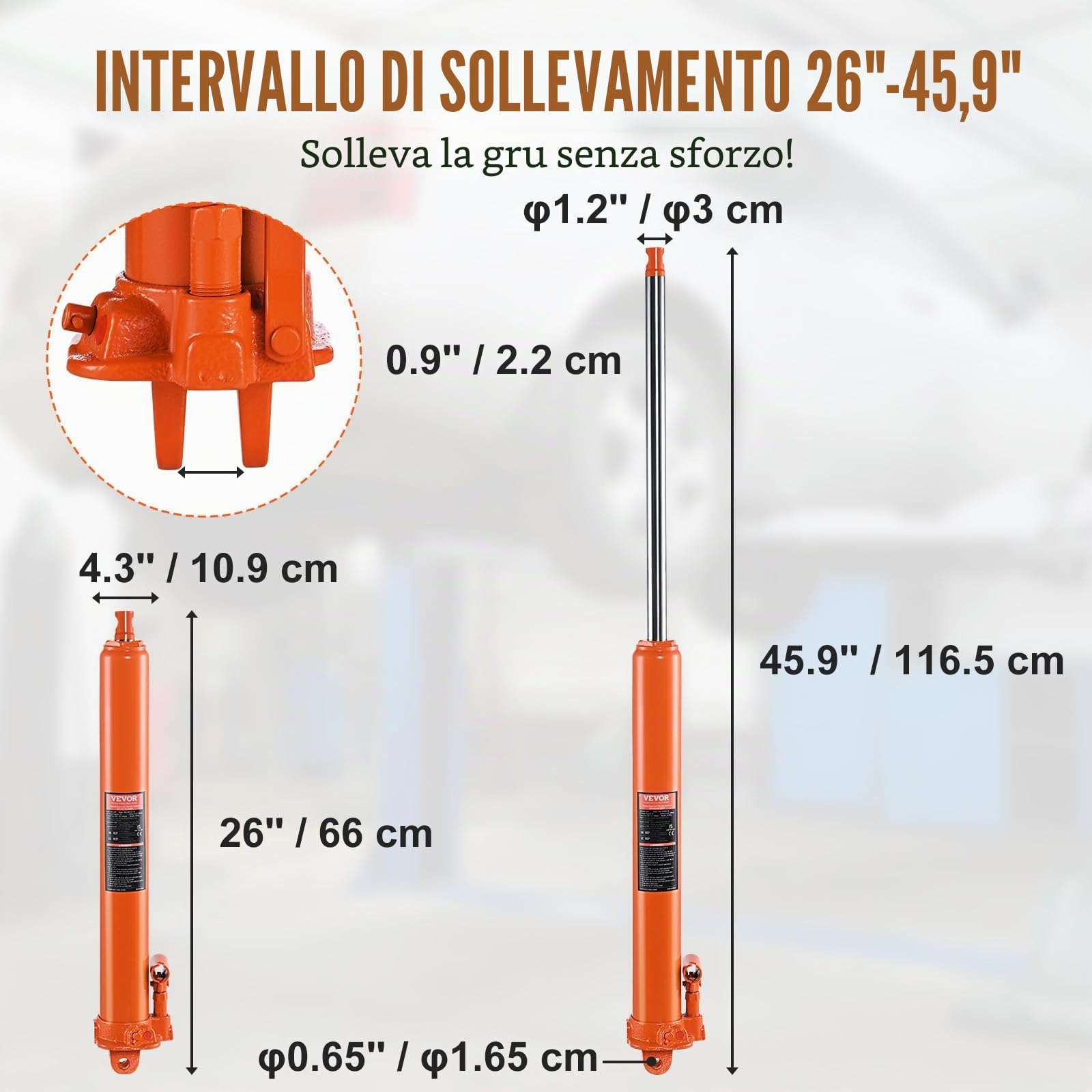 VEVOR Cric Idraulico Lungo, Cilindro di Sollevamento Motore 8 Tonnellate Base a Forcella, Cilindro Idraulico per Paranchi di Sollevamento Motore, Garage/Negozio, Meccanico, Agricolo