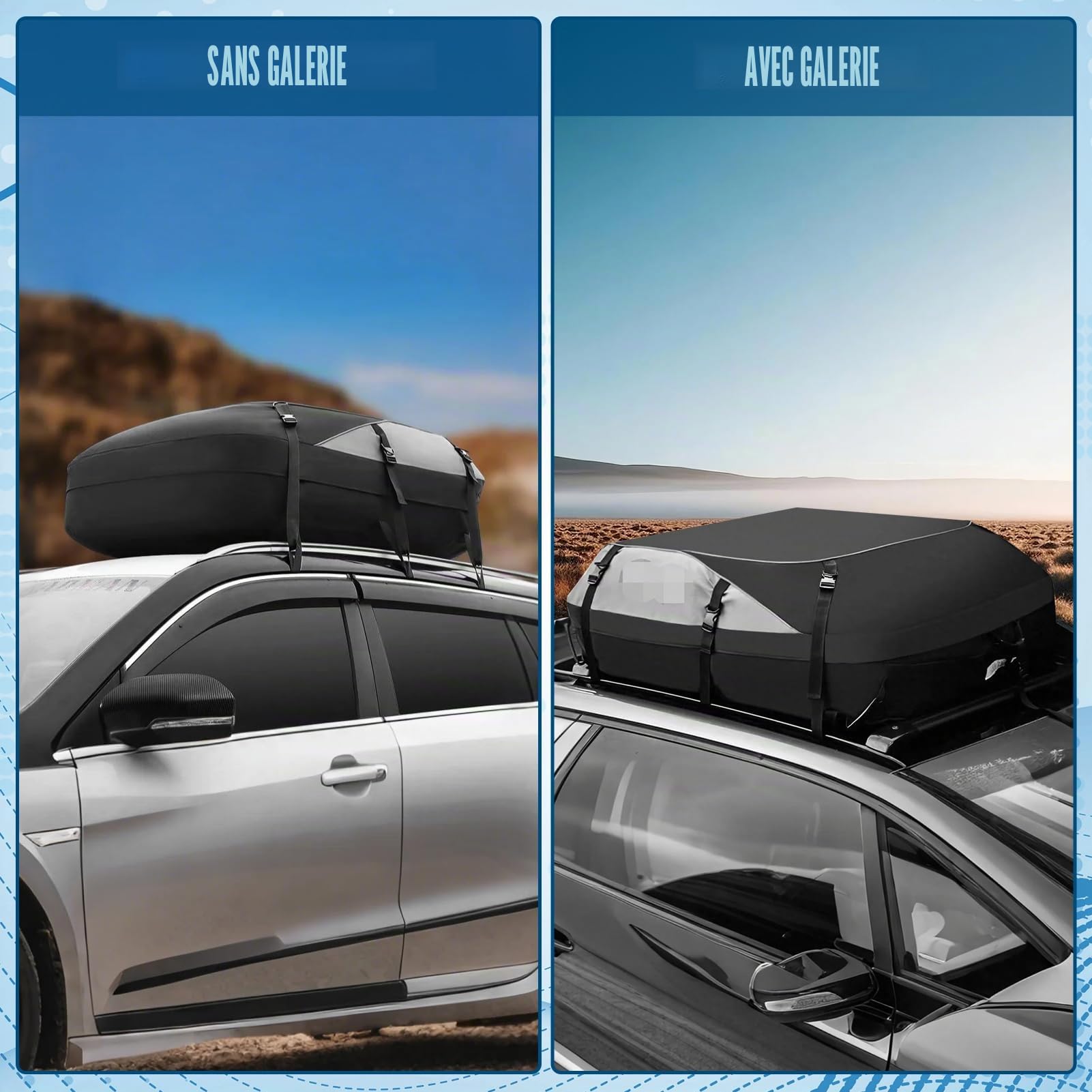 560L Sac de toit pliable 130x100x43cm, imperméable et résistant, avec crochets de porte, fermeture de sécurité, tissu Oxford 1000D, pour voyage, camping, toit de voiture, rangement facile
