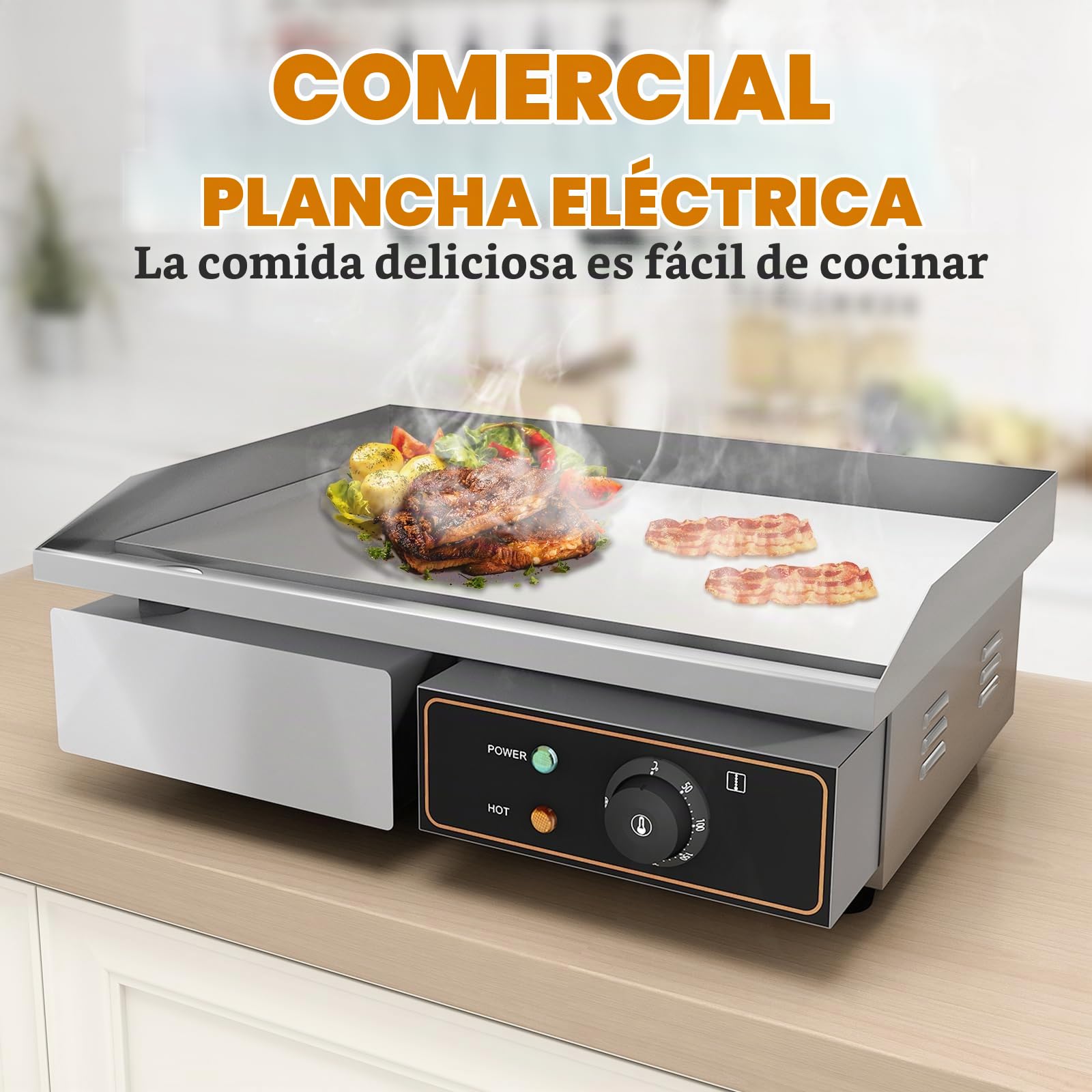 Plancha Eléctrica Pro Plancha de Hierro Fundido,220-240V 3000W 55cm × 35.5cm Control termostático de 50 a 300 °C,18.5kg antisalpicadura,Acero Inoxidable
