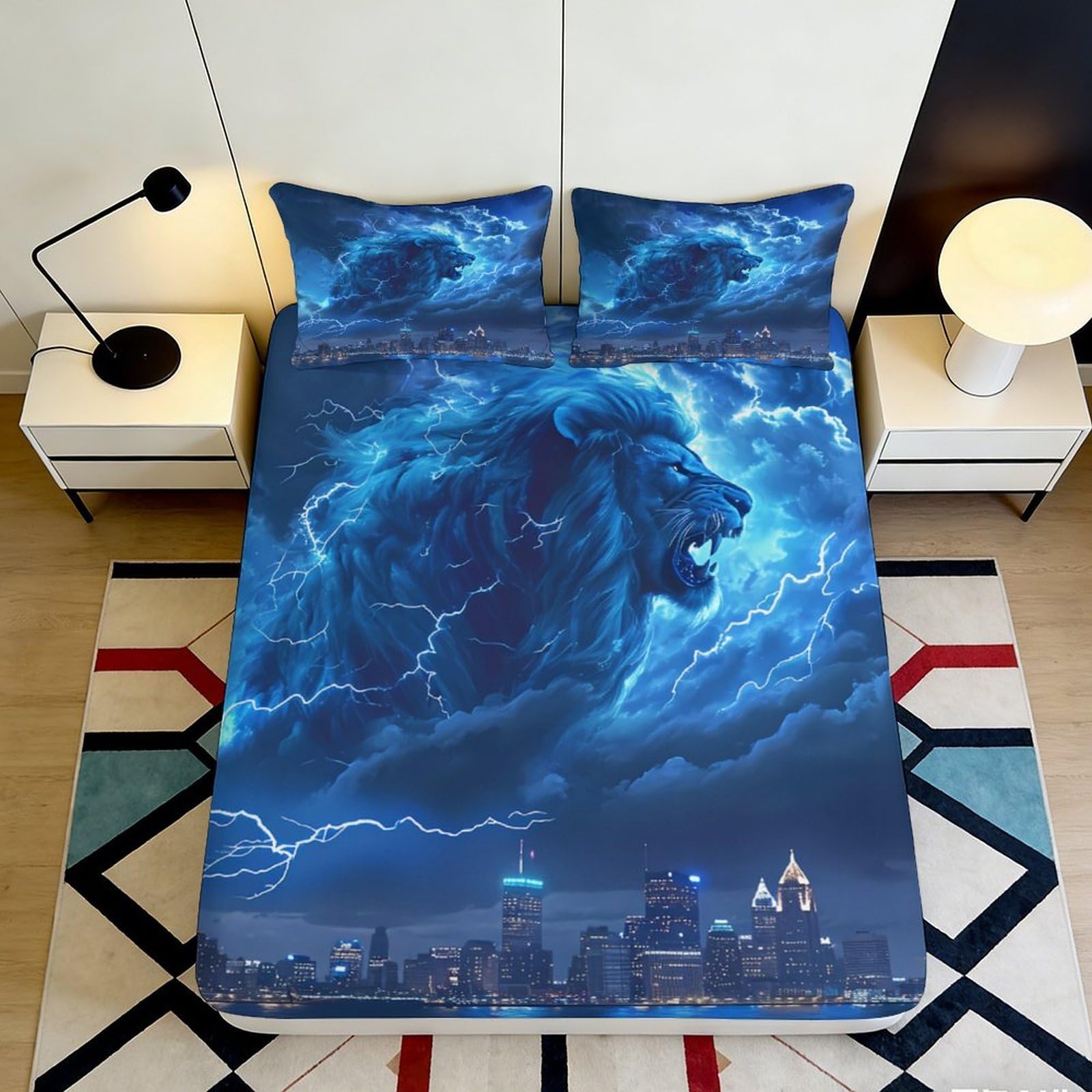 Pnayamiorkfel Style-7 3D Printed Thunder Lion Fitted Sheet Microfiber Urban Skyline Mattress Cover Anti-Slip Washable Bed Decor 90X200x25cm