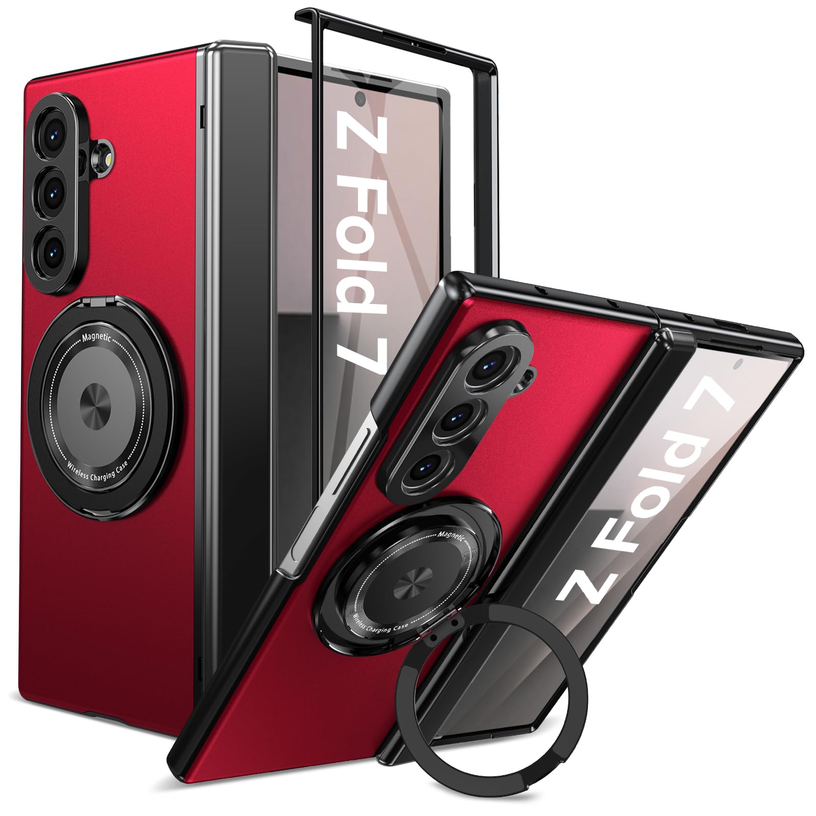 Fiyer Custodia per Samsung Galaxy Z Fold 7 con pellicola protettiva, protezione per cerniera per Z Fold 7, con supporto ad anello girevole a 360°, custodia protettiva rigida in policarbonato antiurto