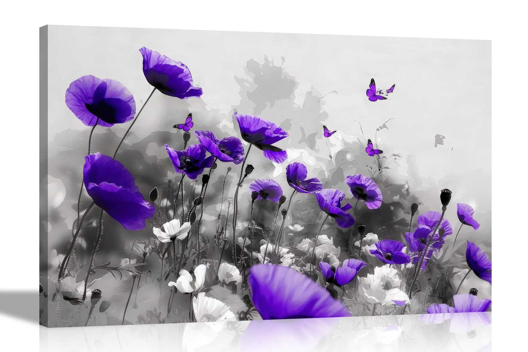 Artley Prints Purple Poppy Flowers - Abstract And Butterflies Watercolor Canvas Wall Prints Living Room Bedroom Hallway Pictures 60 X 40Cm (24 X 16 Inches) A2