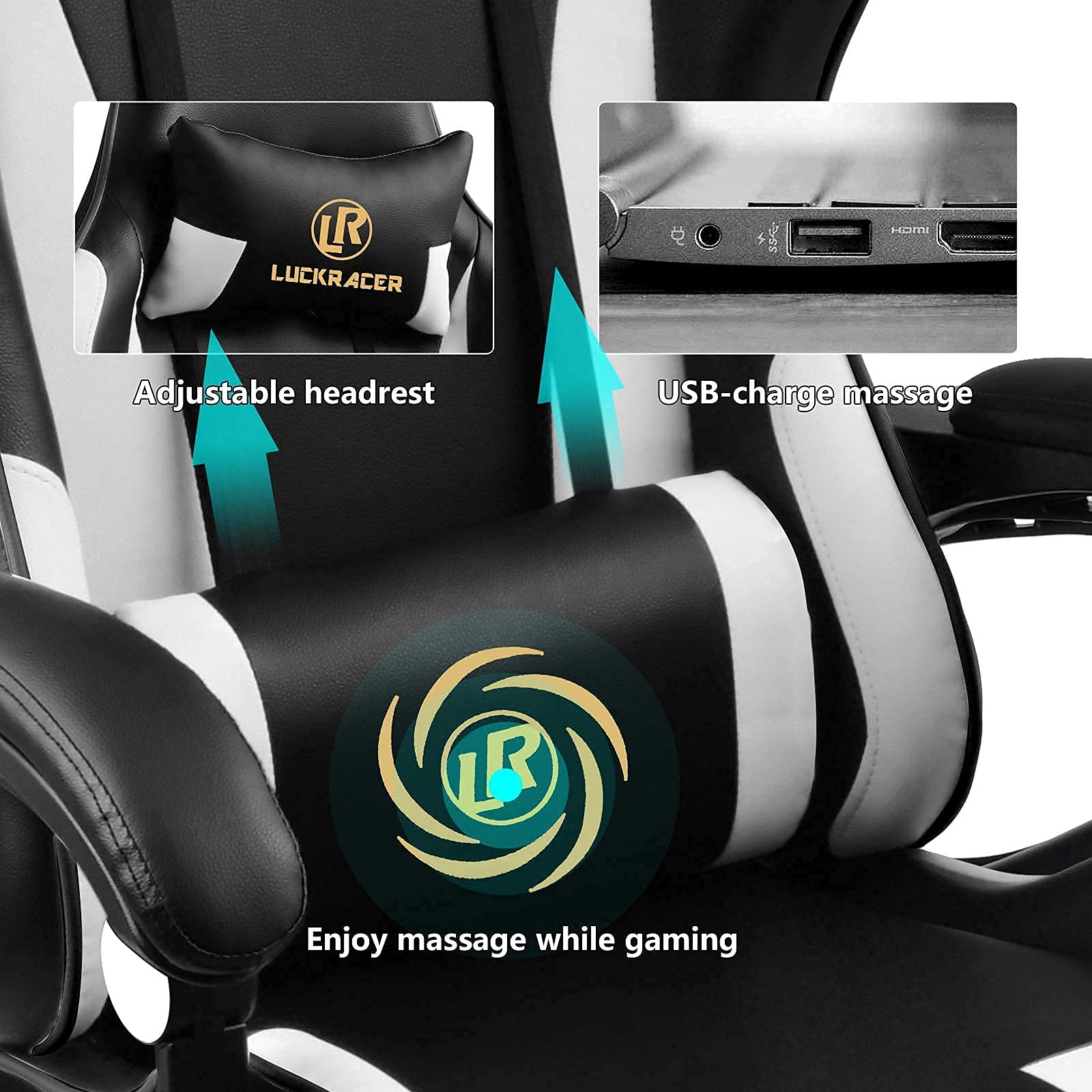 LUCKRACER Gaming Chair Massage With Footrest Ergonomic Office Chair With Massage Lumbar Pillow