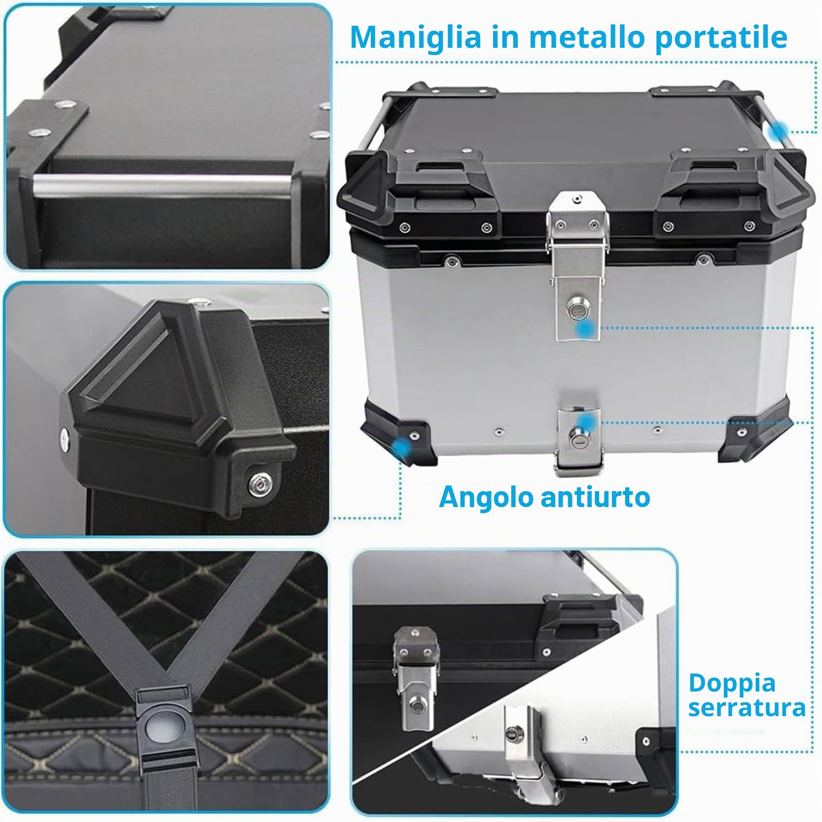 Bauletto posteriore per moto, 28L 36L 45L 55L 65L 80L 100L Baule per moto impermeabile in alluminio universale con serratura di sicurezza per riporre casco e bagagli - Include schienale silver 28L