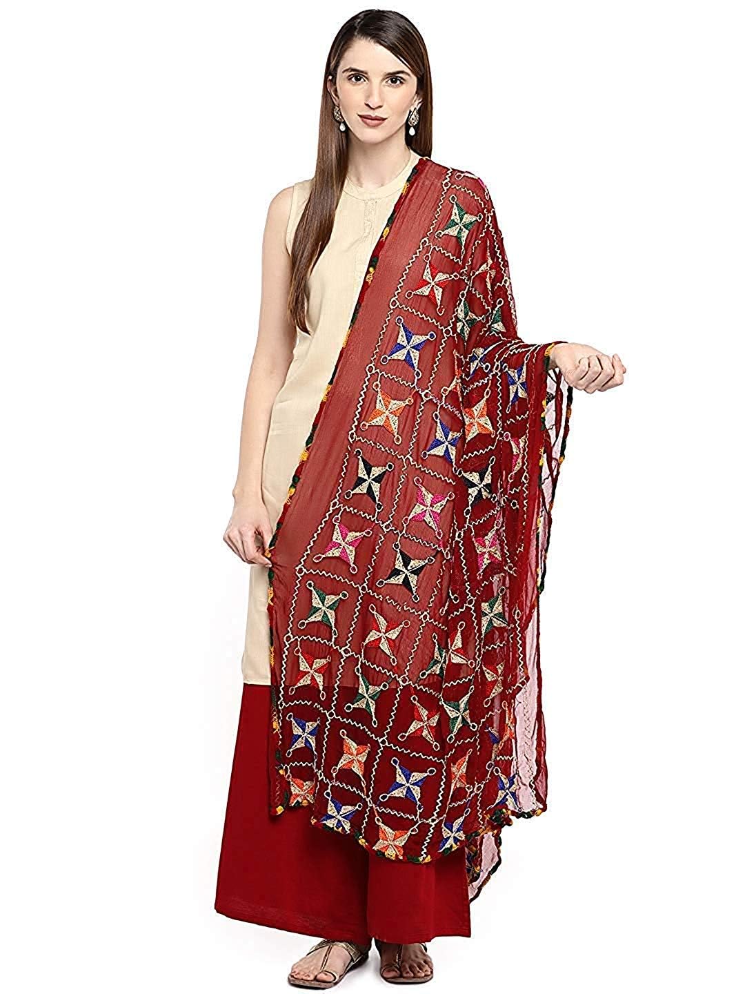 Maroon Color Chiffon Dupatta with Embroidered Phulkari Design, Traditional Indian Women's Stole-image-48