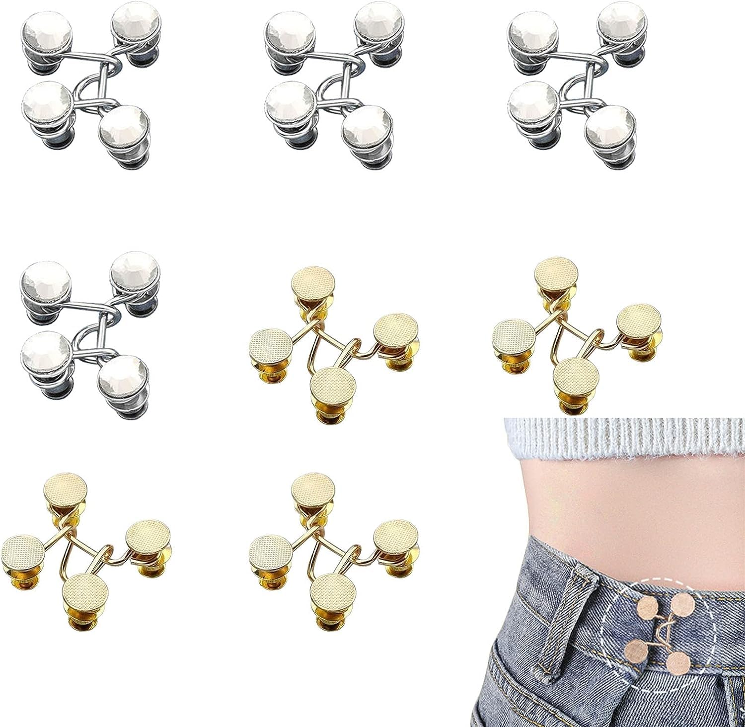 SZYYQSZYYQ Jean Buttons Pins, 8 Set Pant Waist Tightener, Adjustable Jean Button Pin, No Sewing Required Jeans Button Replacement Pant Clips for Women Skirt Pant Jeans Sleeves（Gold and Diamond）
