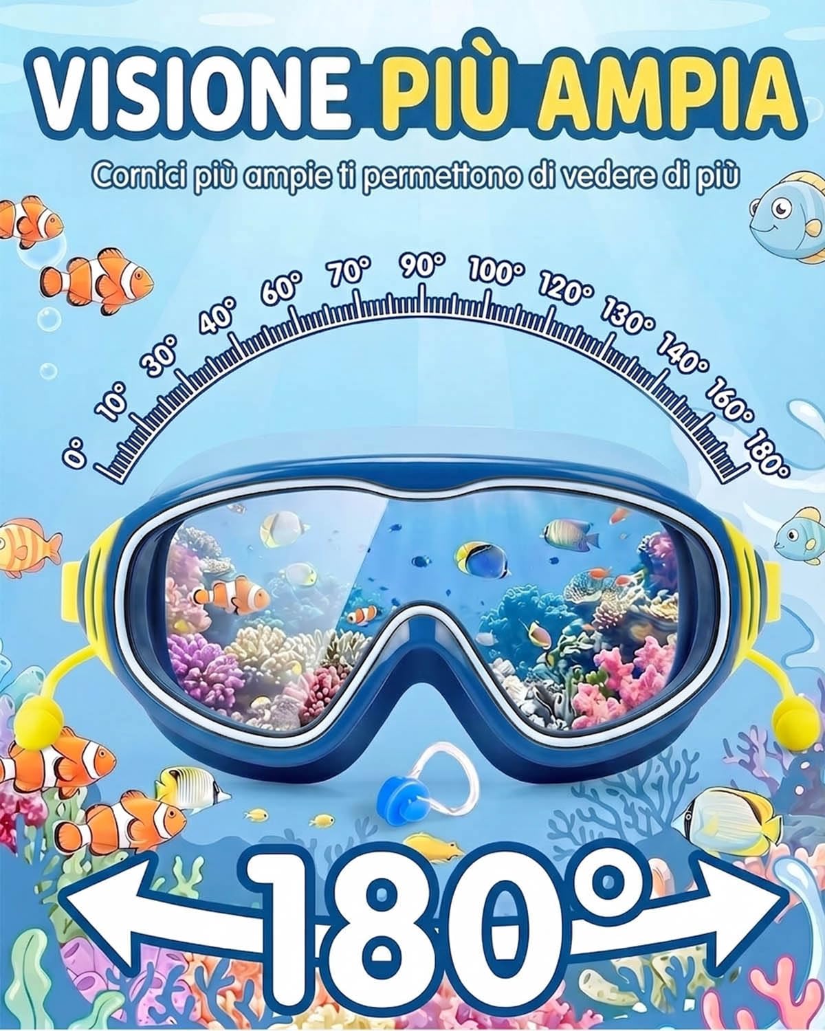 Occhialini Nuoto Bambini, Lenti Grandi, Anti-UV, Antiappannamento, Impermeabili, Vestibilità Comoda, Cinturino Regolabile, Visione Panoramica, Ideale come Regalo per 3-15 Anni
