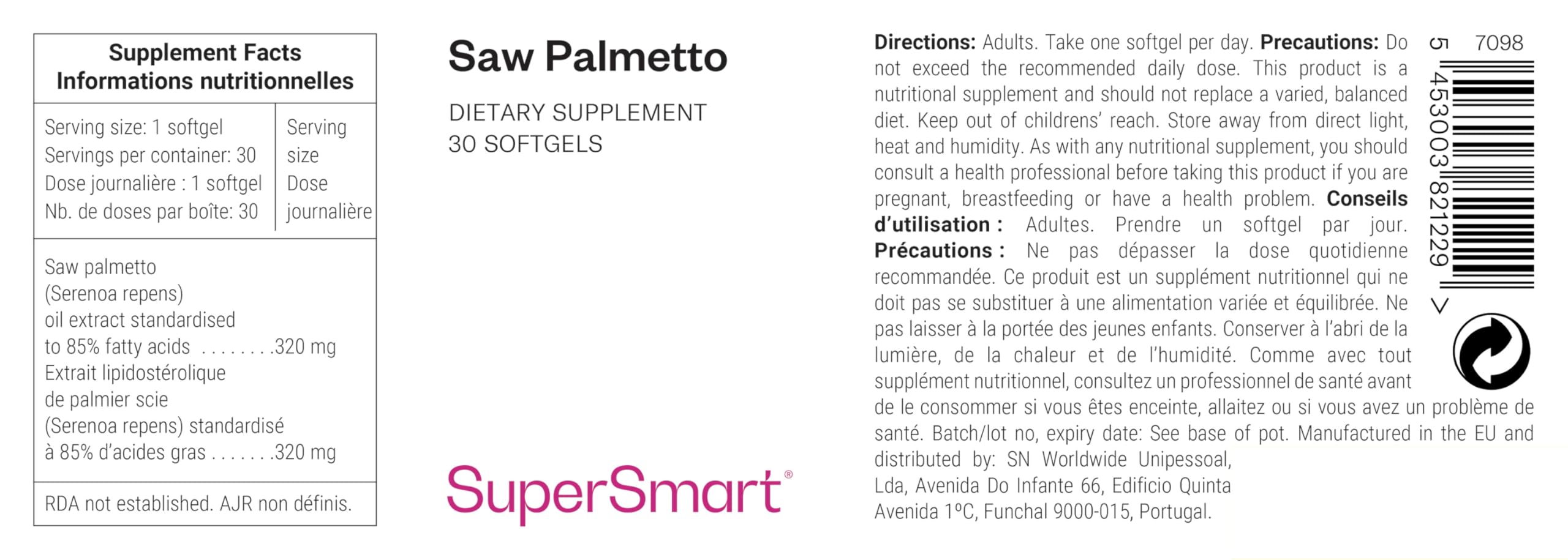 Saw Palmetto - Aide à Maintenir une Santé Optimale de la Prostate - Soutient le Débit Urinaire - Extrait Lipidostérolique de Palmier Scie Standardisé à 85% d'Acides Gras Libres - SuperSmart