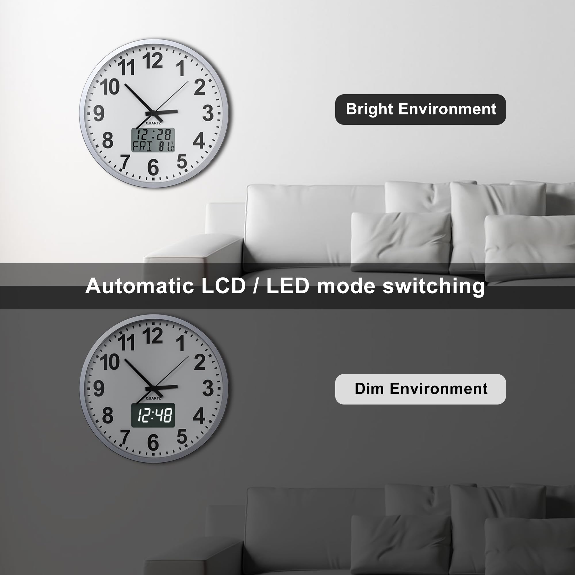 KWANWA Reloj de pared digital, silencioso, LED, calendario, temperatura | Reloj de pared analógico+digital, barrido silencioso, sensor de luz (LCD/LED), fecha, temperatura, batería AA