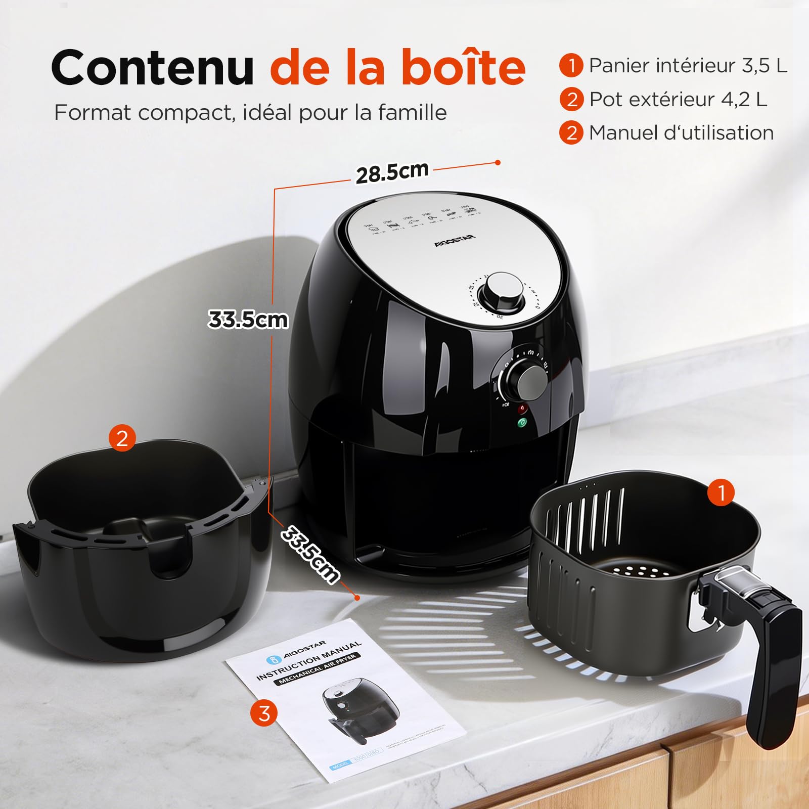 Aigostar Hayden Pro - Air fryer, Friteuse Sans Huile, 6 Programmes de Cuisson, Format compact 3.5L Friteuse à air, Revêtement antiadhésif, Réglable 80-200°C, 1500 W, Nettoyage Facile, Noire