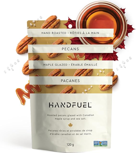 Handfuel Maple Glazed Candied Pecans, Hand Roasted Praline Pecans, 3g of Protein, Proudly Canadian Made Plant Based Candied Nuts, Gluten Free - 120 Grams