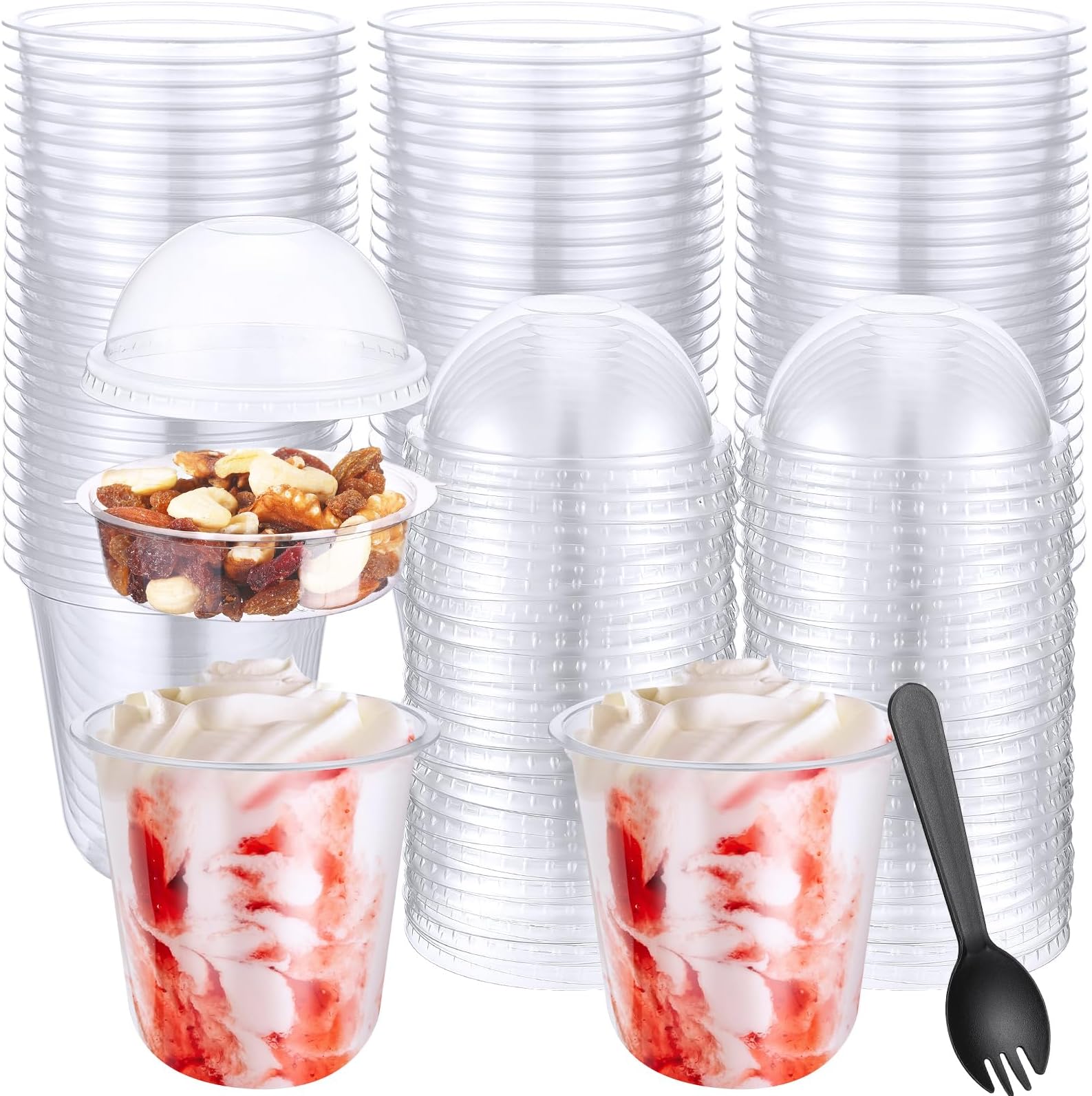 100 Pack 11oz Clear Plastic Parfait Cups with Dome Lids No Hole Disposable Party Dessert Cups with Lids Insert Spork Round Fruit Containers with Lid for Yogurt Fruit Cereal Ice Cream