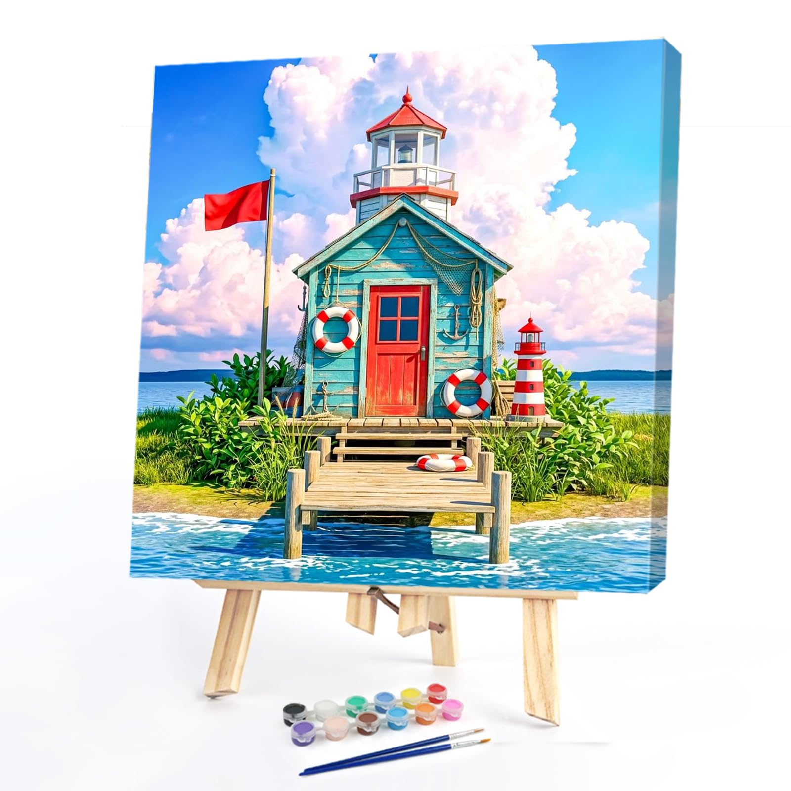 POETRYDRAW Seaside Lighthouse Cabin Paint by Numbers Kit - 13.78x13.78 Inch Canvas with Frame, Easy for Beginners & Adults, Wall Decor & Gift (Seaside Lighthouse Cabin)