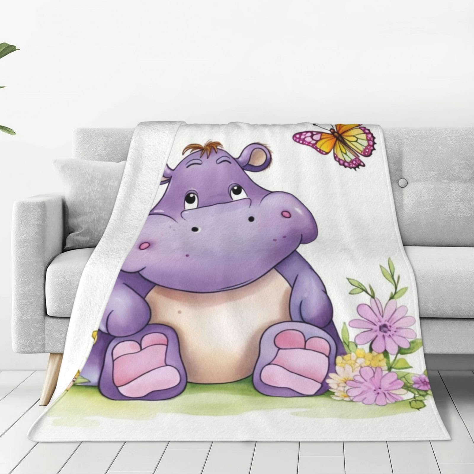 KLOPH Butterfly and Hippo Throw Blanket 50"x40" Flannel Fluffy Warm Blanket for Couch, Reversible Plush Blankets for Bed, Comfy Fuzzy Blanket for Sofa, Plush Lightweight-Blankets for All Season