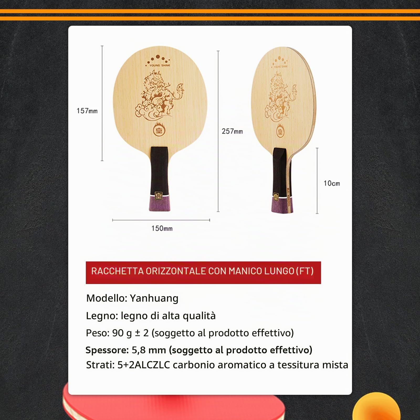 YAN-Huang - Racchetta professionale da ping pong, in carbonio arilato esterno, per giocatori intermedi e avanzati o appassionati di ping pong (racchetta singola)