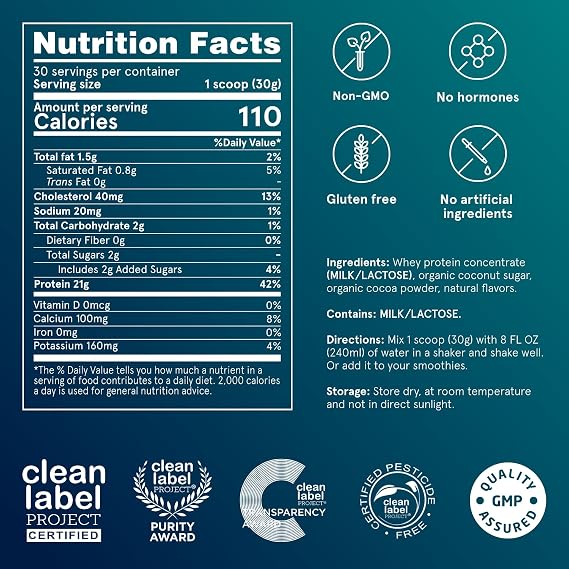 Puori PW1, Grass Fed Whey Protein Powder, Dark Chocolate, 30 Servings | Pasture-Raised Whey Protein Powder Drink Mix containing BCAA Amino Acids - Post-Workout Supplement for Muscle Gain & Recovery