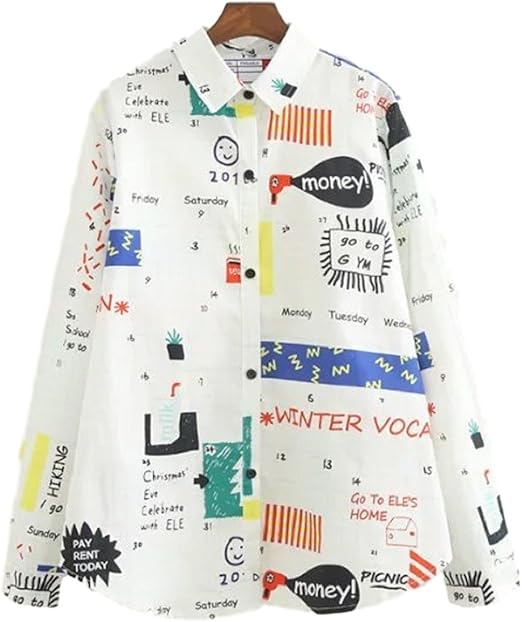 Amazon 春ブラウスシャツ 長袖シャツ 総柄シャツ 落書き柄風シャツ 綿シャツ プリントシャツom42 シャツ ブラウス 通販