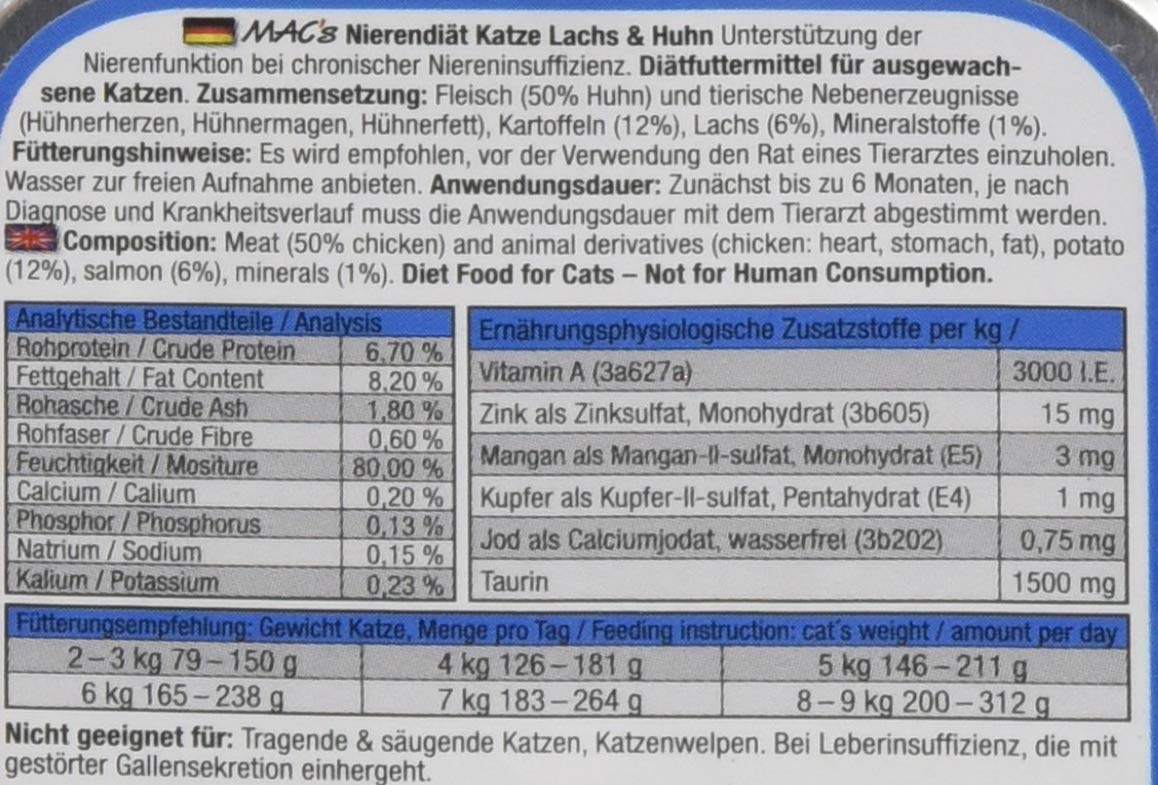 Mac's Cibo per gatti senza cereali Vetcare salmone pollo dieta renale 100 g