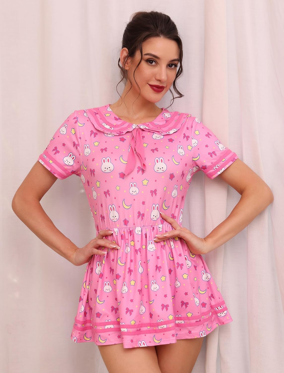 ABAFIP Women's One Piece Bodysuit Pajamas Romper Cute Short Sleeve Doll Collar Pjs Nightwear Rompers Dress - Image 3