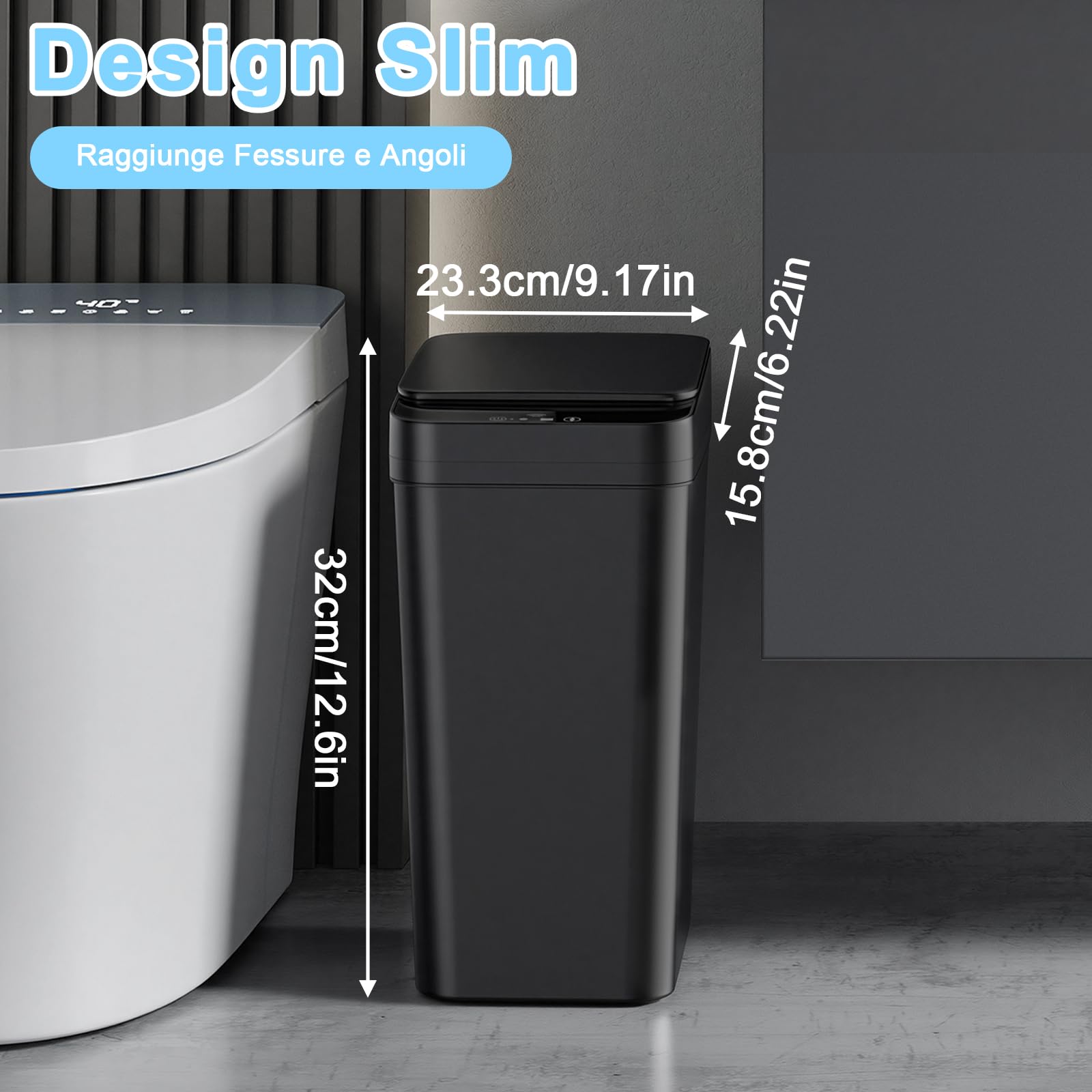 Pattumiera Bagno, 12 L Pattumiera Cucina con Coperchio, Pattumiera con Sensore Stretto, Ricaricabile, Pattumiera Automatica Silenziosa E Impermeabile, Impermeabile, per Bagno,Cucina,1200mah