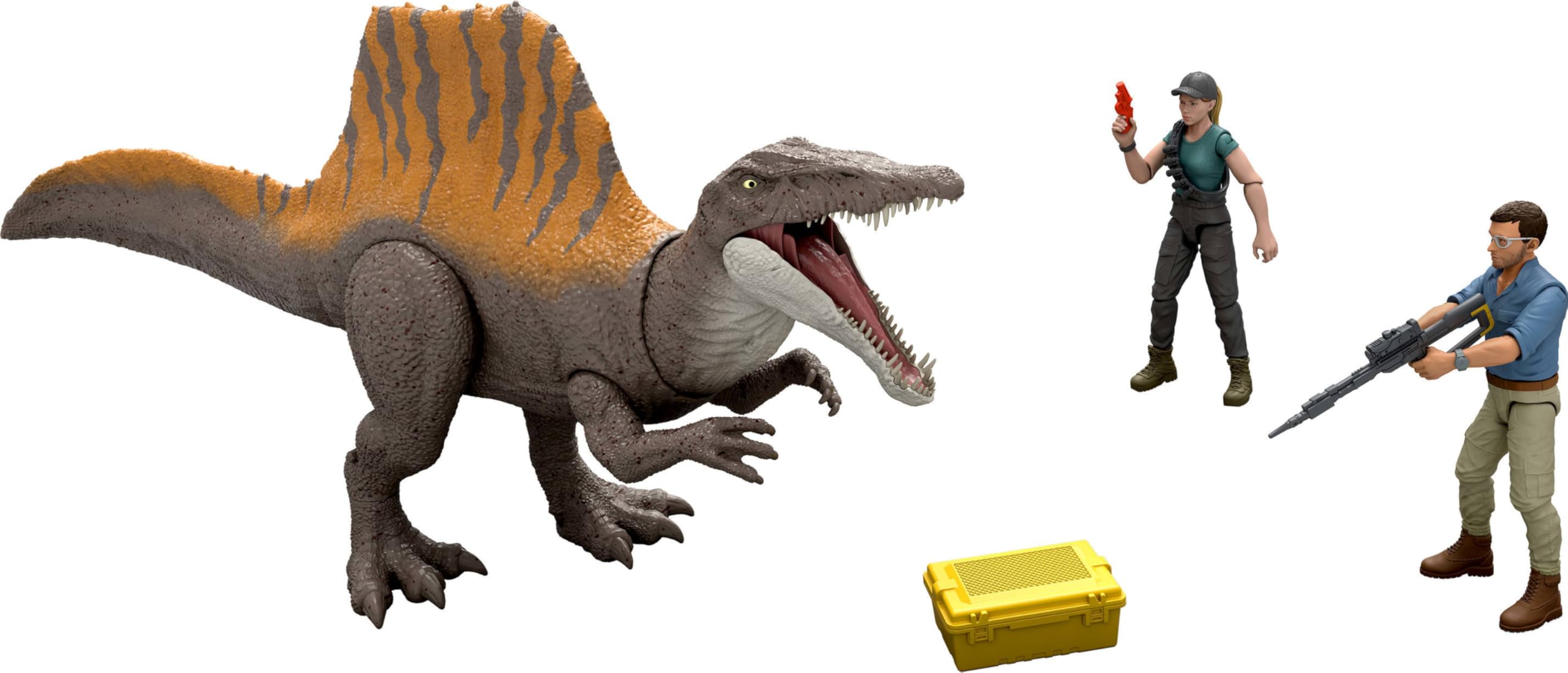 Mattel Jurassic World Rebirth Storypack con exclusivo Spinosaurus, 1 figura humana masculina y 1 hembra y accesorios, juego de peligro de Spinosaurus