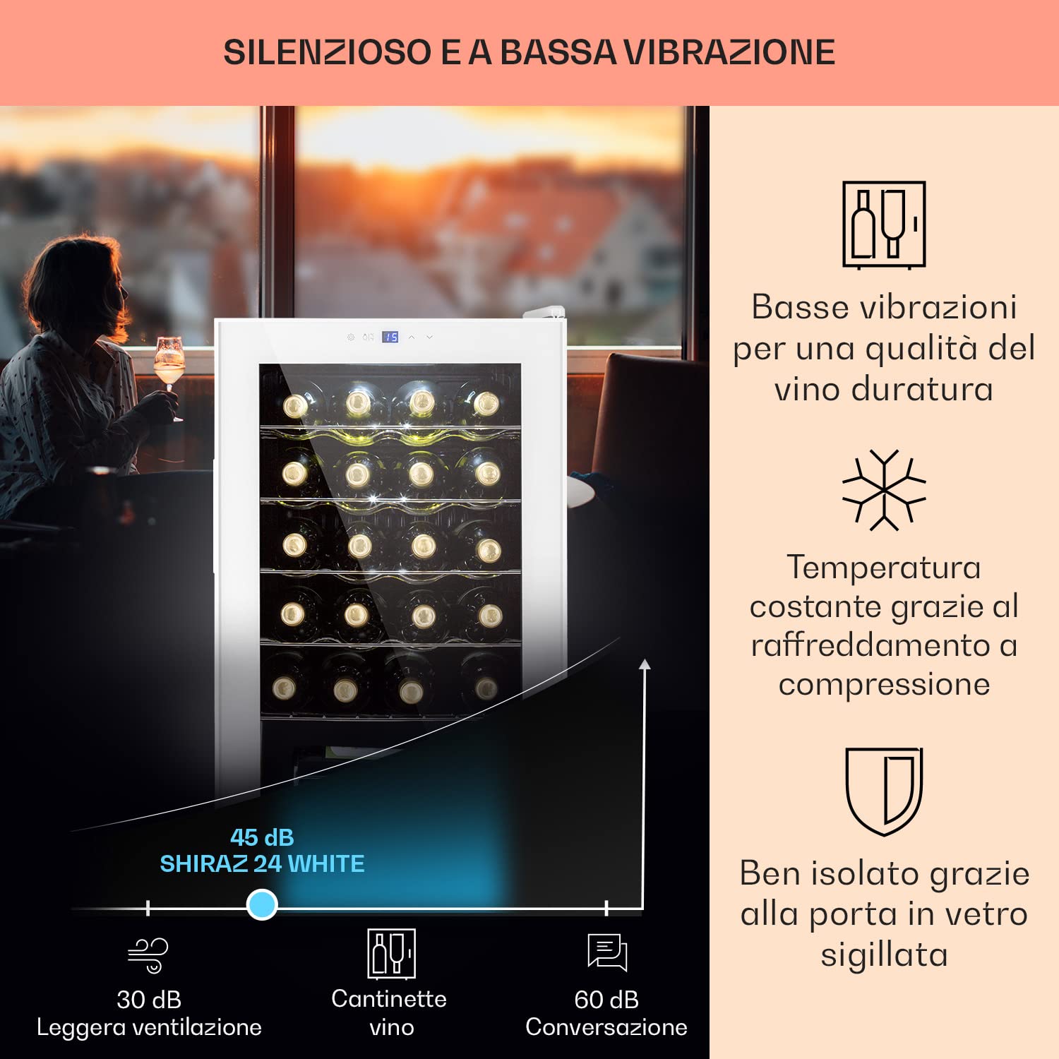KLARSTEIN Cantinetta Vino Design, Cantinetta Vino Refrigerata a Zona Singola per Vino Rosso, Bianco e Birra, Controlli Touch, Frigo Vino Cantinetta per Esterno/Interno, 5-18°C, 63L, 24 Bottiglie