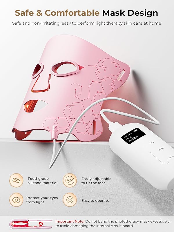 Aurphany Red Light Therapy Mask with Cooling Gel Pack, 7-Color NIR 850nm LED Face Mask, LED Light Therapy Mask (E106A) with Rechargeable Remote - 180 Mins Use, Red Light Mask Home Travel Gift, Pink image 6