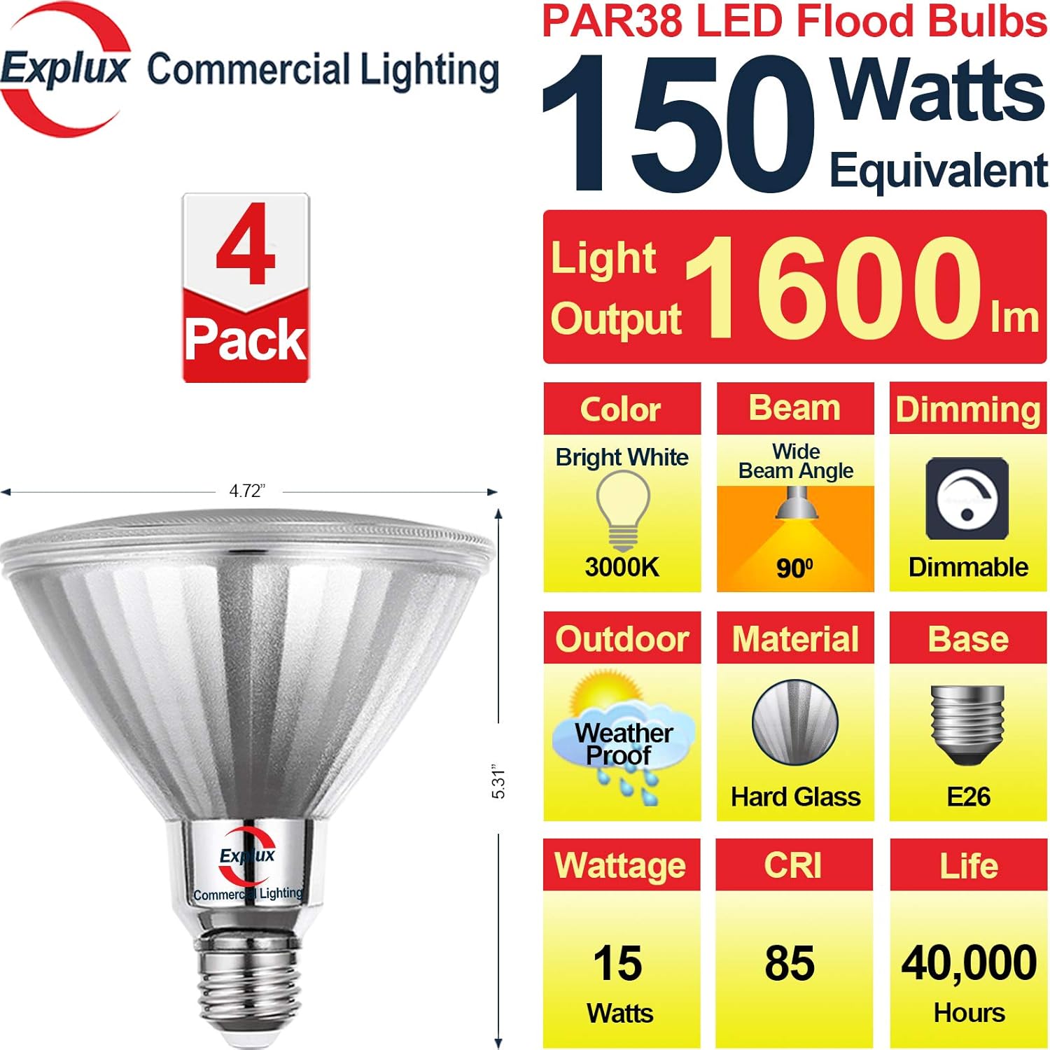 Explux Commercial-Grade LED PAR38, 150W Equivalent, 1600 Lumens, 40000 Hours, Classic Full Glass Flood Light Bulbs, Dimmable, Waterproof & Anti-Ageing, Bright White 3000K, 4-Pack