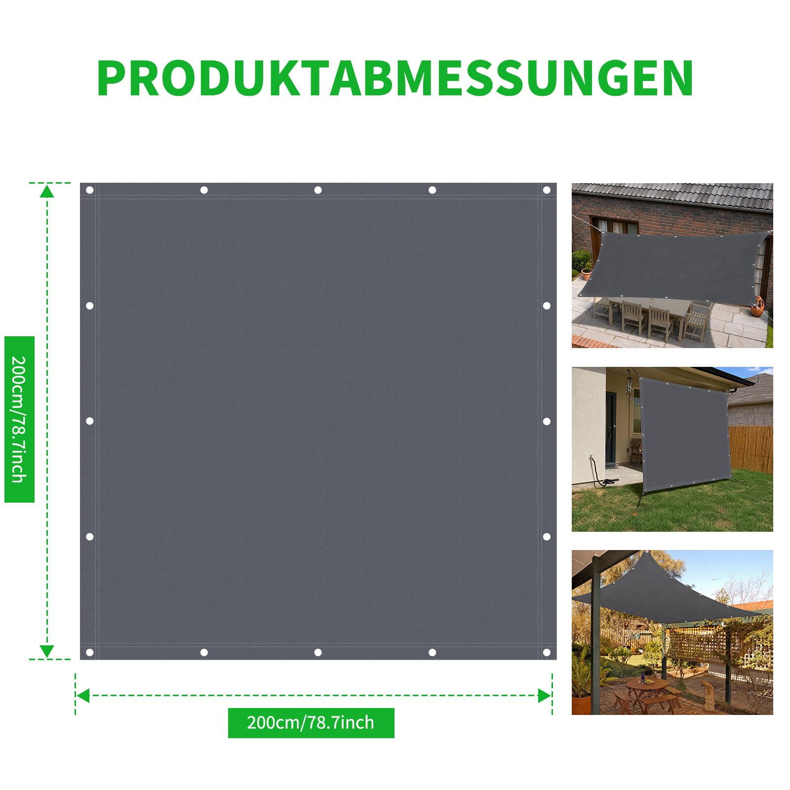 Sonnensegel 2x2m Polyester Wasserdicht mit UV-Schutz | Grau, 2 x 2 m, quadratisch, 185 g/m² Polyester, PU-beschichtet, 400 kPa, UV-Schutz, Balkon & Terrasse