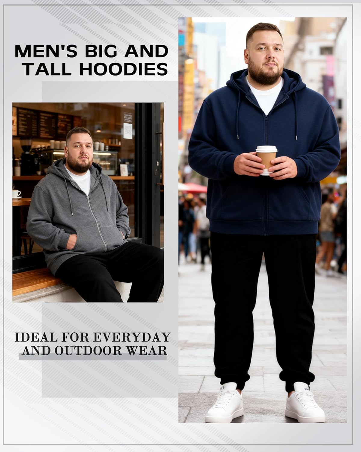 2 Pcs Men's Big and Tall Lightweight Fleece Full-zip up Hoodie Jacket Loose Fit Sweatshirt Jacket with Pocket - Image 6