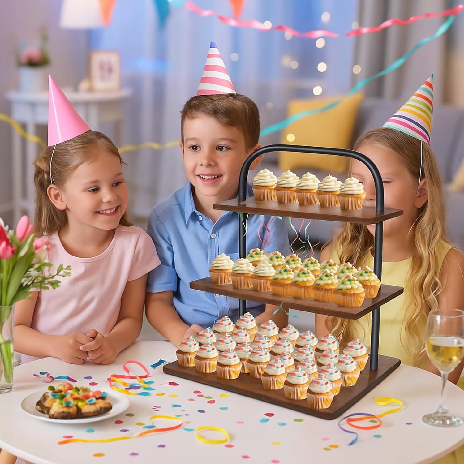 Wenqik 2 Sets Cupcake Stands, 3 Tier Large Cupcake Stand for 50 Cupcakes, Rustic Square Wooden Dessert Display Stand, Table Display Sets Tower Tiered Trays for Wedding Birthday Party Decor