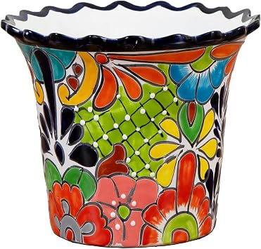 Nearly Natural 10-in x 12-in Handcrafted Mexican Talavera Ceramic Planter Vibrant Hand-Painted Decorative Art Pot with Drainage Hole