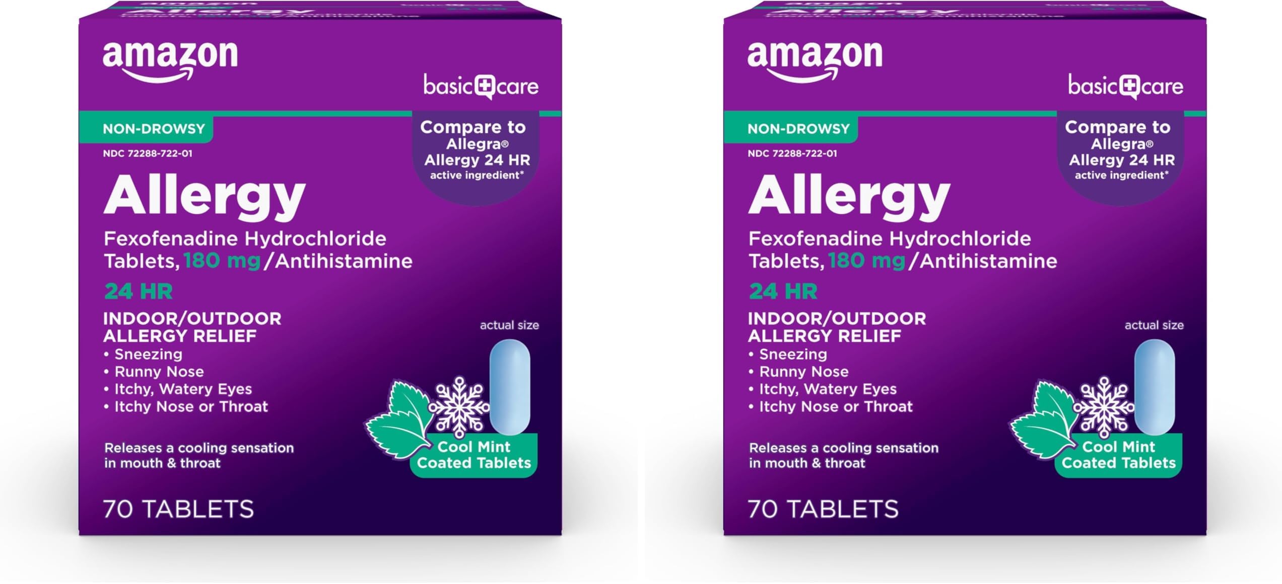 Allergy Relief, 24 Hour, Fexofenadine Hydrochloride 180 mg, Non-Drowsy Antihistamine, Cool Mint Coated Tablets, 70 Count (Pack of 2)