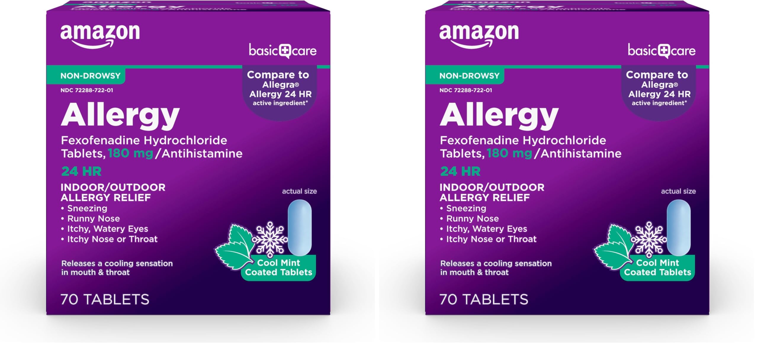 Sponsored Ad - Amazon Basic Care Allergy Relief, 24 Hour, Fexofenadine Hydrochloride 180 mg, Non-Drowsy Antihistamine, Cool Mint Coated Tablets, 70 Count (Pack of 2)