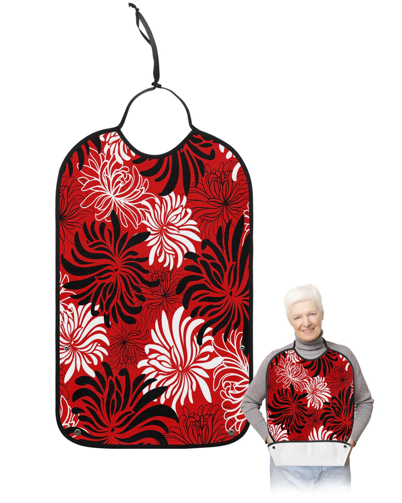 Red Black White Spring Floral Adult Bibs for Eating, Waterproof Bibs with Food Catcher & Adjustable Snap Closure, Modern Abstract Aesthetics Clothing Protectors Adult Bibs for Elderly Women/Men