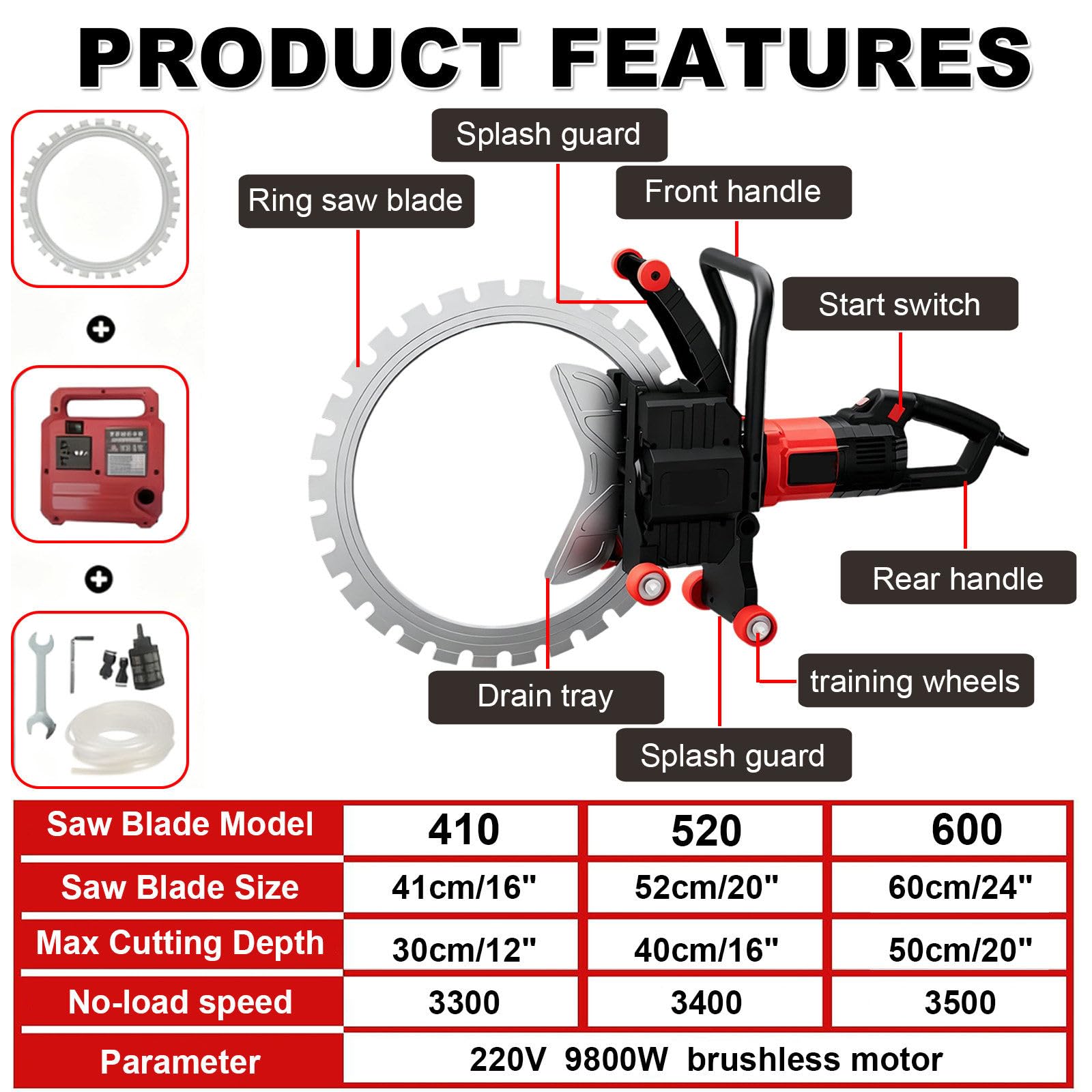 Sierra Circular Eléctrica para Cortar Hormigón De 9800 W con Bomba De Agua Inteligente, Adecuada para Granito, Cerámica, Hormigón Y Piedra. 520