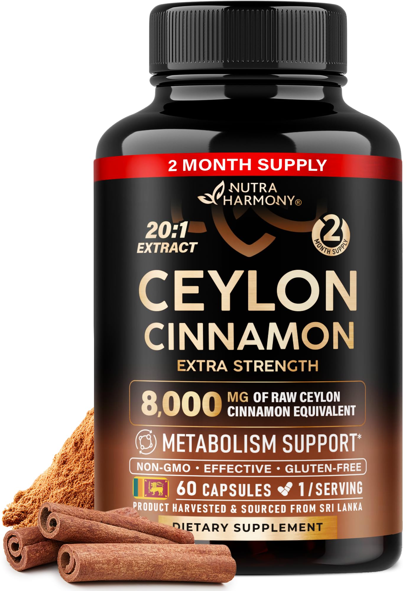 Ceylon Cinnamon Capsules - Extra Strength - Energy, Heart & Metabolism Support - for Men & Women - Pure Natural Extract 20:1 Supplement - Made in USA - GMO & Gluten Free, 60 Capsules, 2 Month Supply