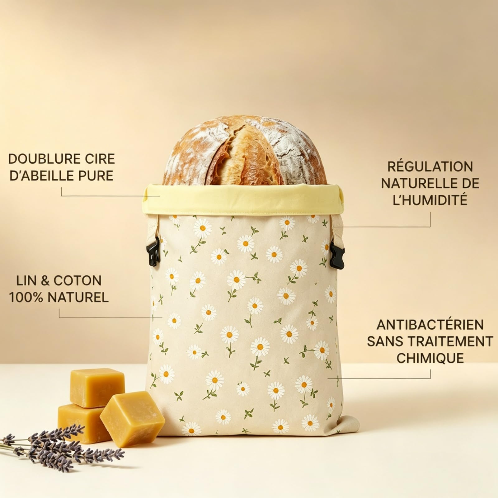 La Maison de Louise Sac a Pain,Sac à Pain La Maison de Louise,Sac à Pain en Cire d'Abeille Réutilisable,Sac de Conservation en Coton Naturel 43×33cm,Réutilisation,Conservation Longue Durée