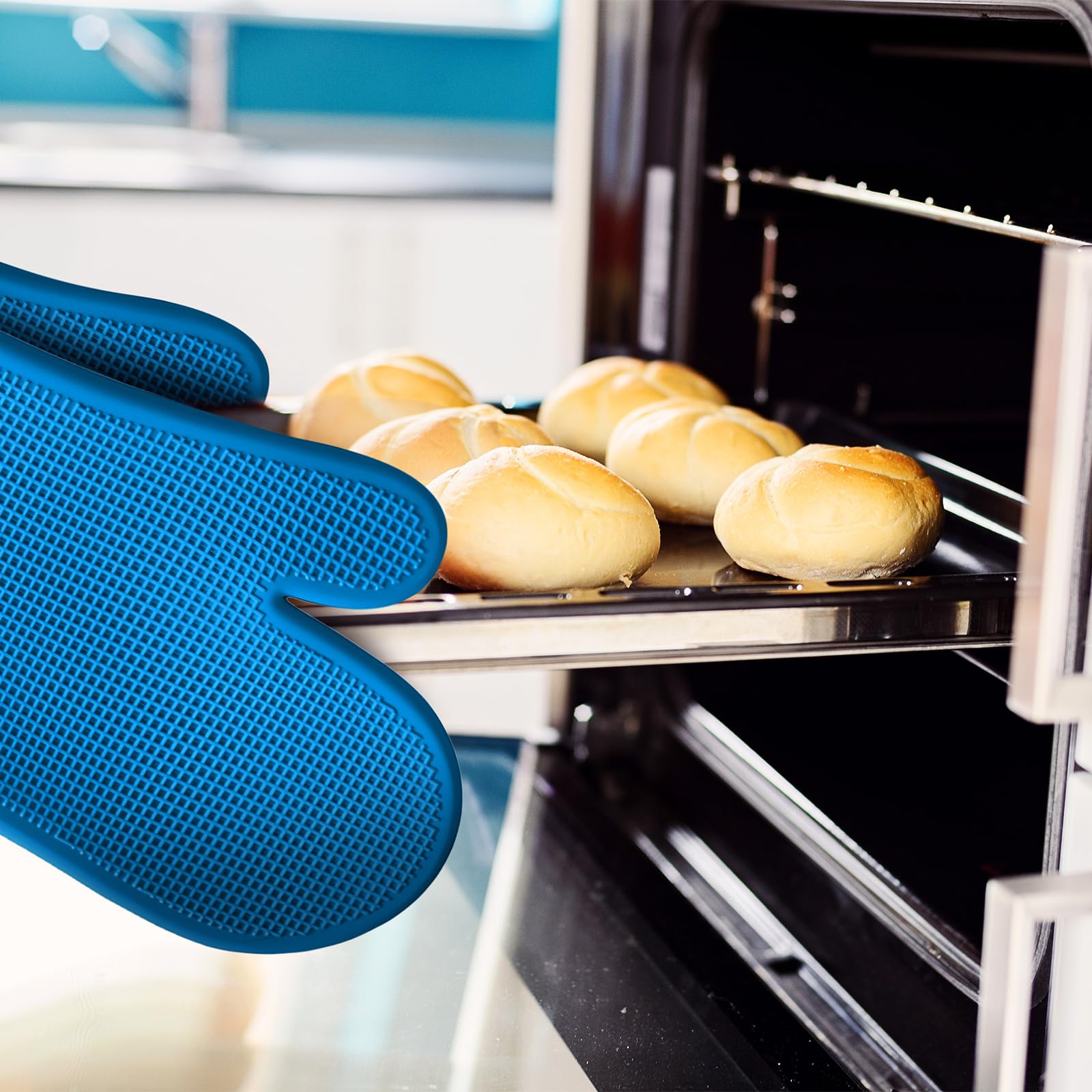 Guanti Da Forno In Silicone Resistenti Al Calore 500°C - Con Fodera Trapuntata E Palmo Antiscivolo - Lunghi 28cm Per Proteggere Braccia - Colore Blu
