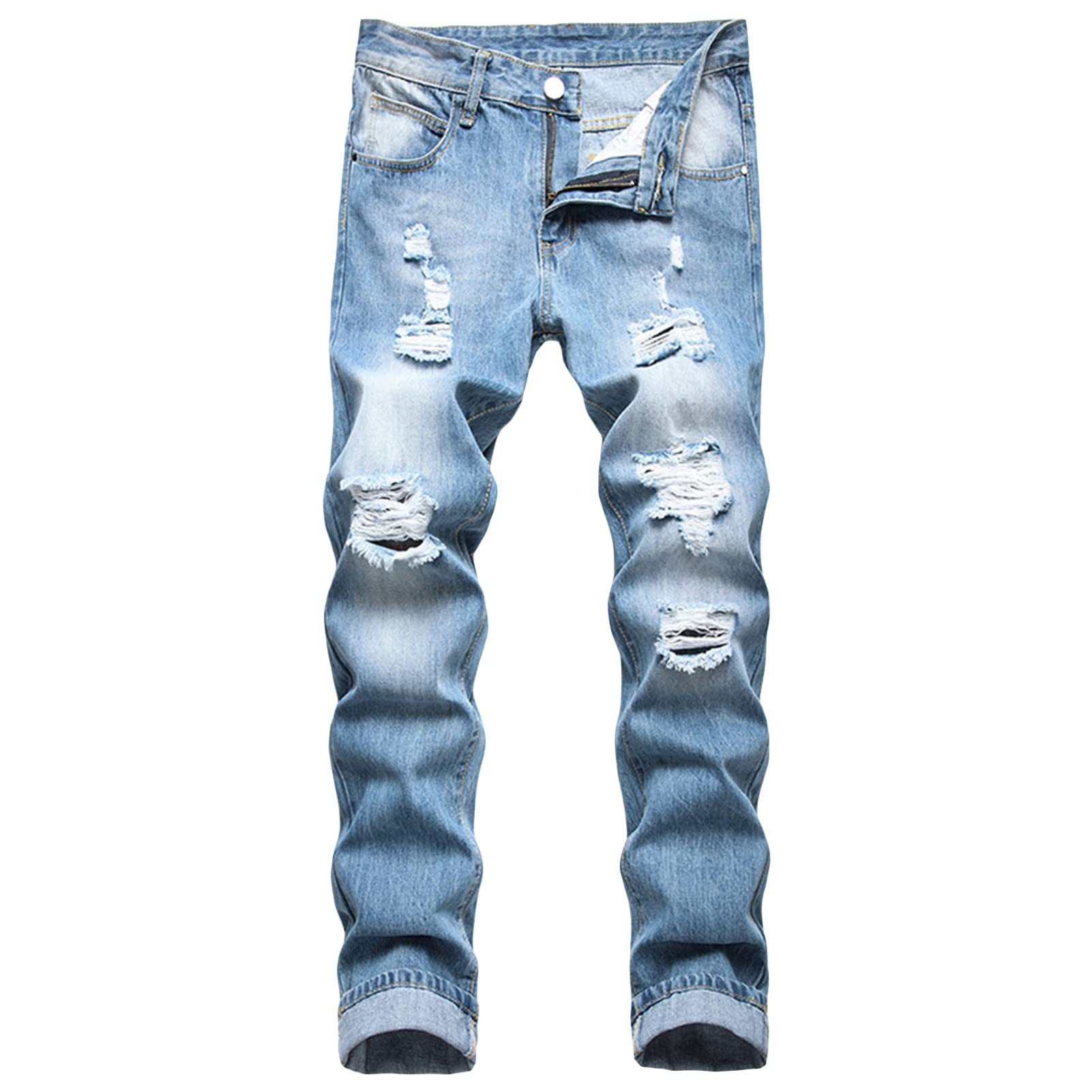 Men’s Slim Fit Moto Jeans Straight Leg Distressed Biker Jeans Pants Washed  Hole Skinny Street Denim Trousers