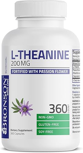 Bronson L-teanina 200 mg (doble fuerza) con hierba de flor de pasión, suplemento de gestión del estrés sin gluten sin soja, 360 cápsulas