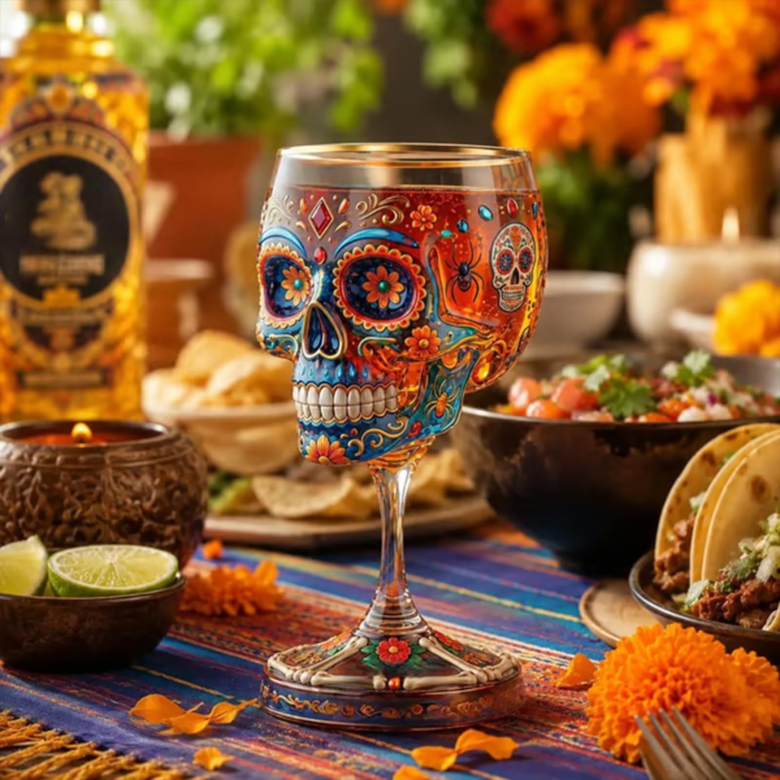 Day of the Dead Sammlerkelch, limitierte Auflage, Kunstglas, Totenkopf-Weinglas, Skelett-Blumen-Kelch, bunte Totenkopf-Tasse mit Blumenmuster, Gothic-Totenkel, Weinkelch für Zuhause, Bar, Halloween, 2