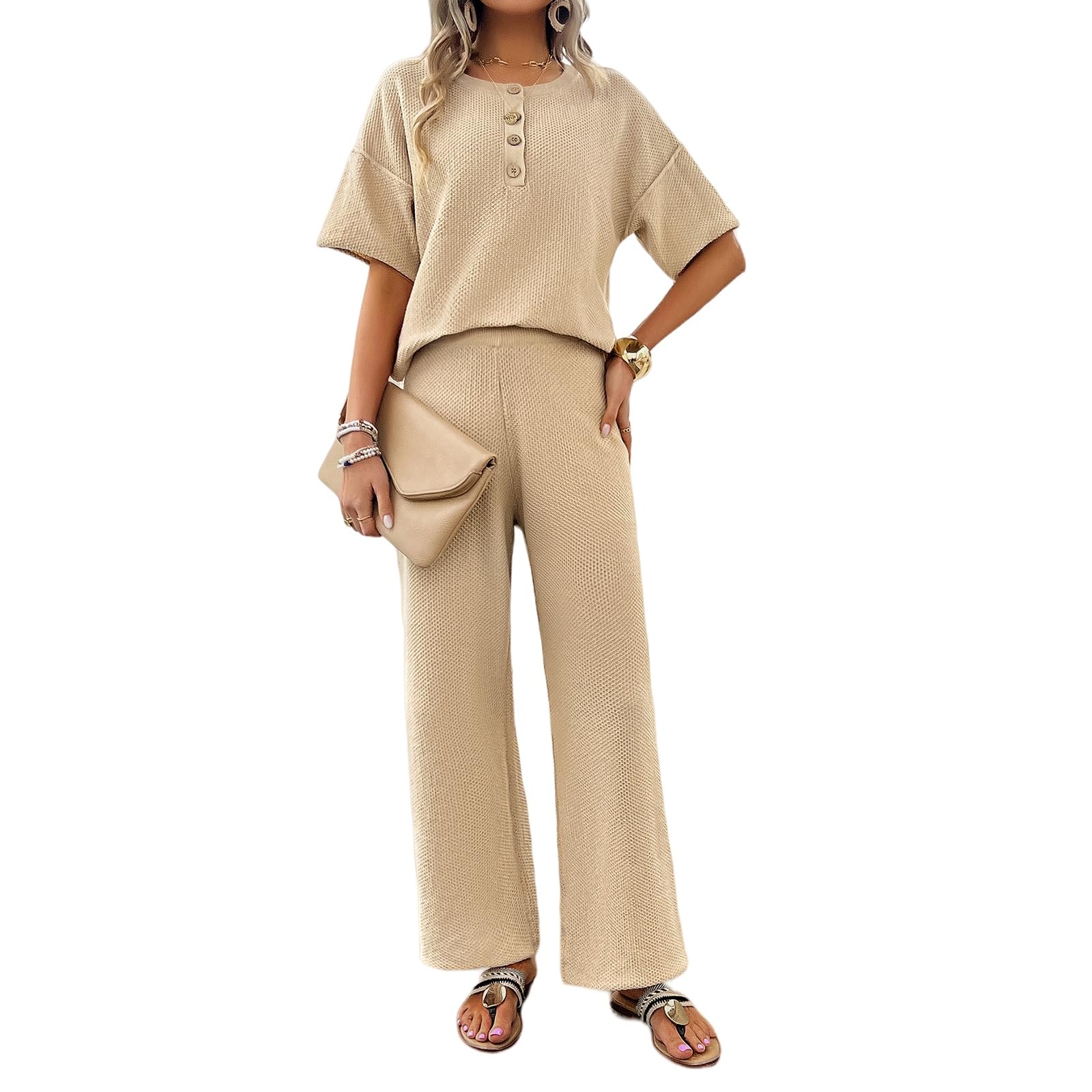 Conjunto Mujer,Conjuntos De Dos Piezas para Mujer, Pantalón Y Top, Cuello Redondo Gris, Botones, Manga Corta, Jersey De Punto, Camiseta, Cintura Elástica, Pantalones Anchos, Chándal Info