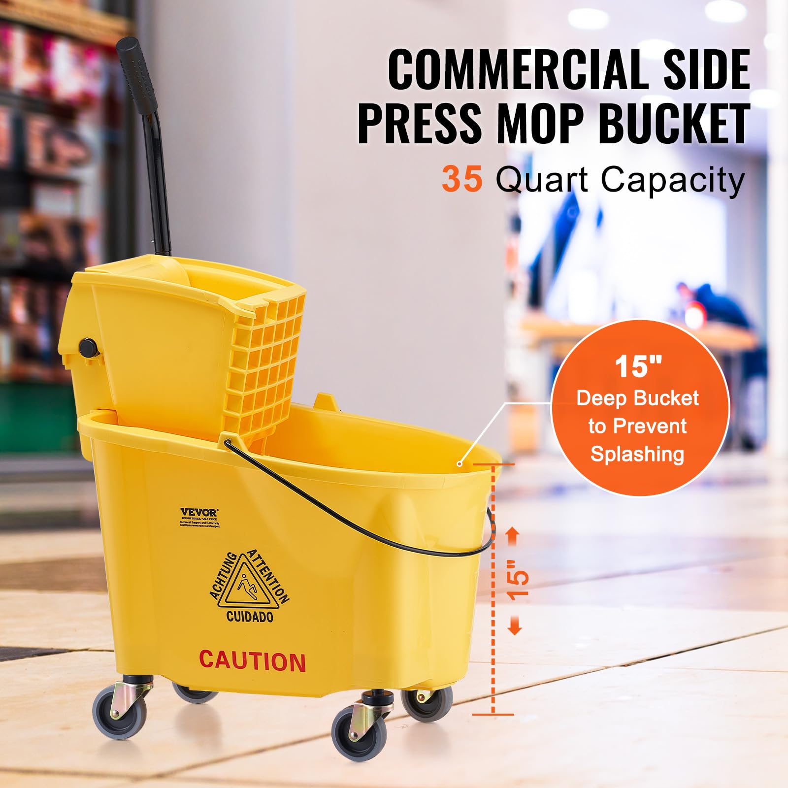 VEVOR Seau-Essoreur à Serpillière, 33 L. Seau à Frange avec Essoreuse Commercial à Pression Latérale, Chariot Lavage Sol, pour Ménage Nettoyage des Sols Professionnels/Industriels/Entreprises