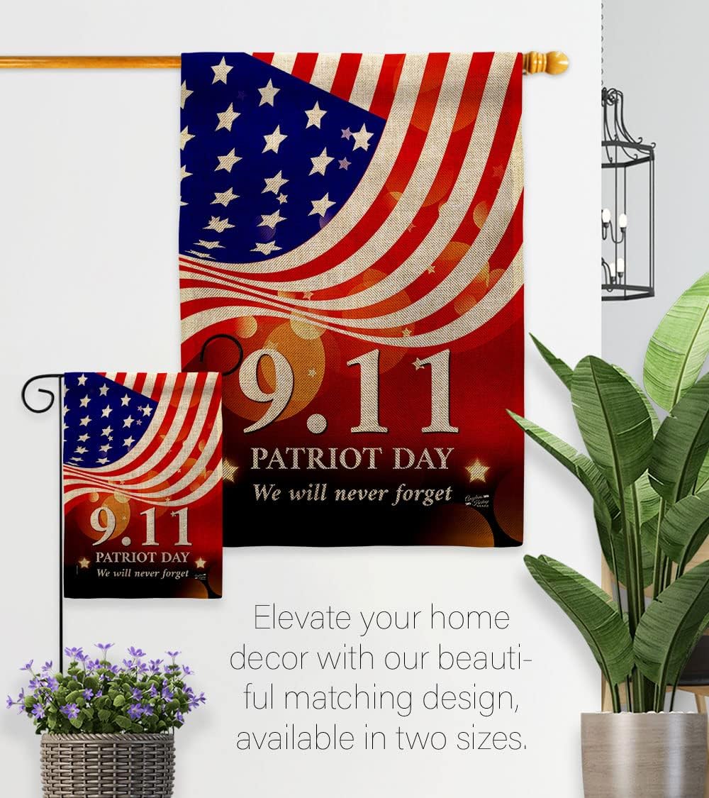 Remember 9/11 Burlap Garden Flag Set with Stand Patriot Day World Planet Peace Environment Awareness United State American House Banner Small Yard Gift Double-Sided, Made in USA