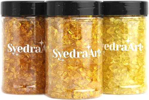 Miniatura 53 de Syedra - Juego de 3 piezas de vidrio triturado para manualidades, arte de resina, piezas de espejo de color triturado, 1 libra (amarillo)