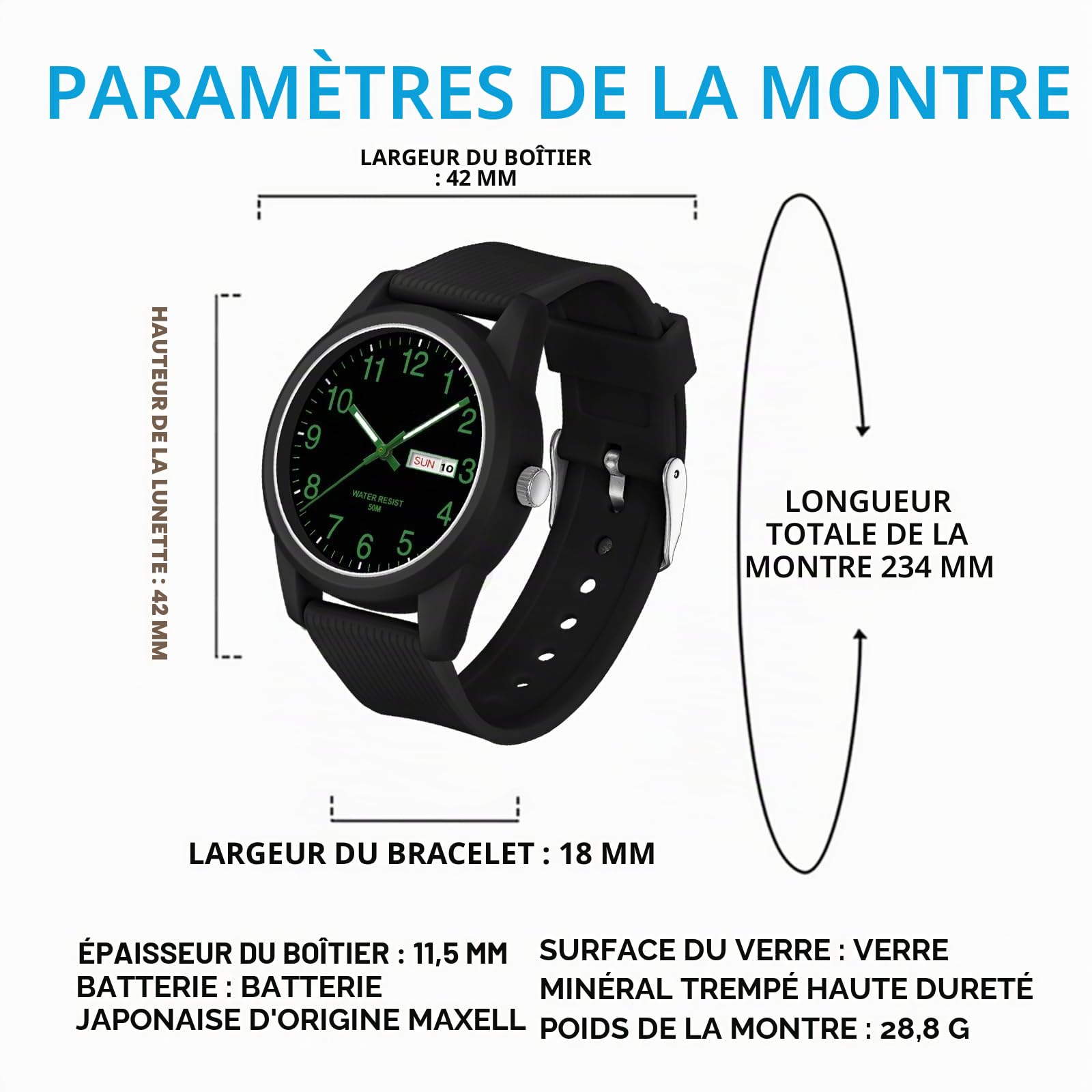 findtime Montre analogique à quartz pour homme et femme - Étanche jusqu'à 50 m - Bracelet en silicone - Montre décontractée pour adolescents - Avec date, jour de la semaine, aiguilles lumineuses