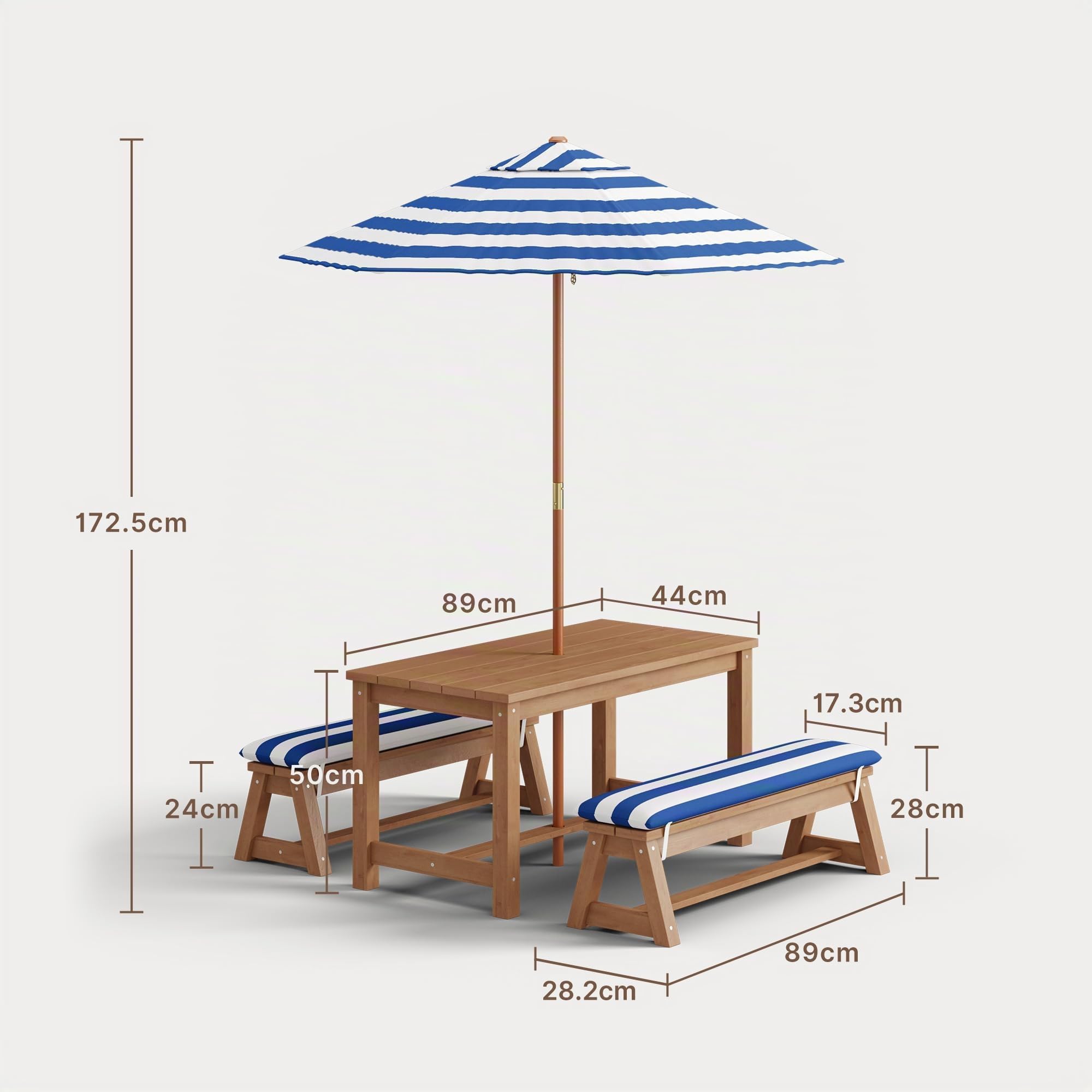 Ensemble d'Assise pour Enfants avec Parasol, Ensemble d'Assise d'Extérieur avec Coussins, Table pour Enfants, Table de Jeu pour Jardin, Terrasse, Véranda, Patio, 89x44x50 cm (Bleu)
