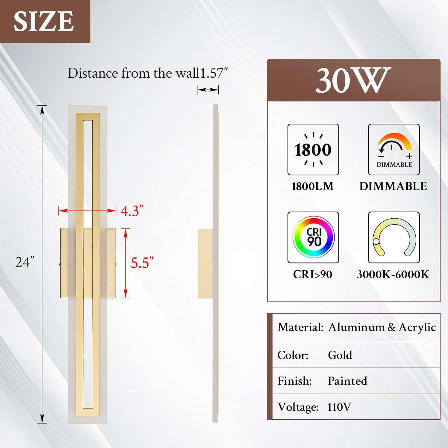 Modern LED Wall Sconce Gold Dimmable LED Vanity Lights Bathroom Lighting Fixtures Over Mirror Long Wall Light for Bathroom Dining Room, L24Inch 5CCT