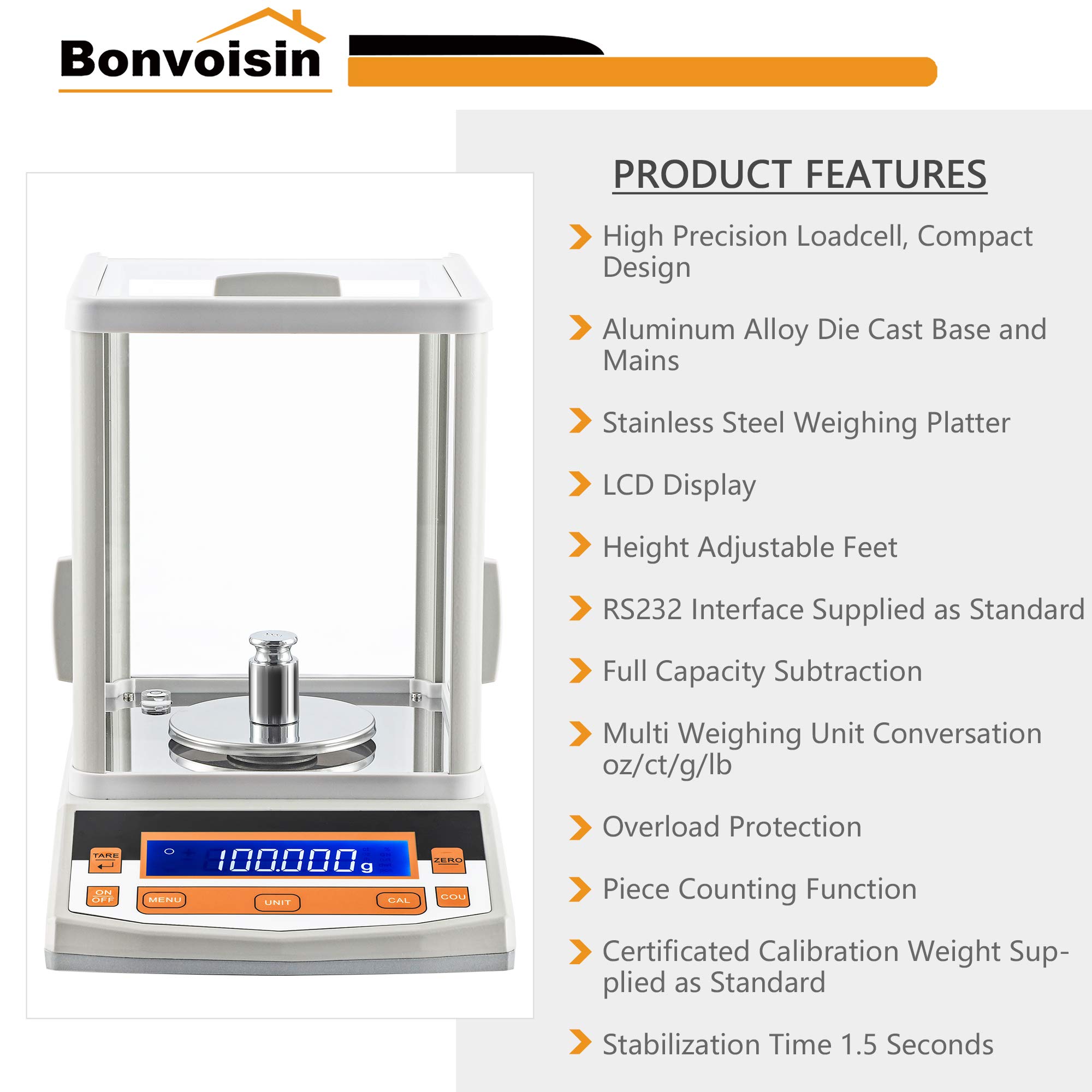 Bonvoisin Analytische Waage, 100 g x 1 mg, Präzisions-Laborwaage, 0,001 g, digitale Analysewaage, RS232-Schnittstelle, elektronische Waage, LCD-Anzeige mit Windschutzscheibe (100 g, 1 mg)